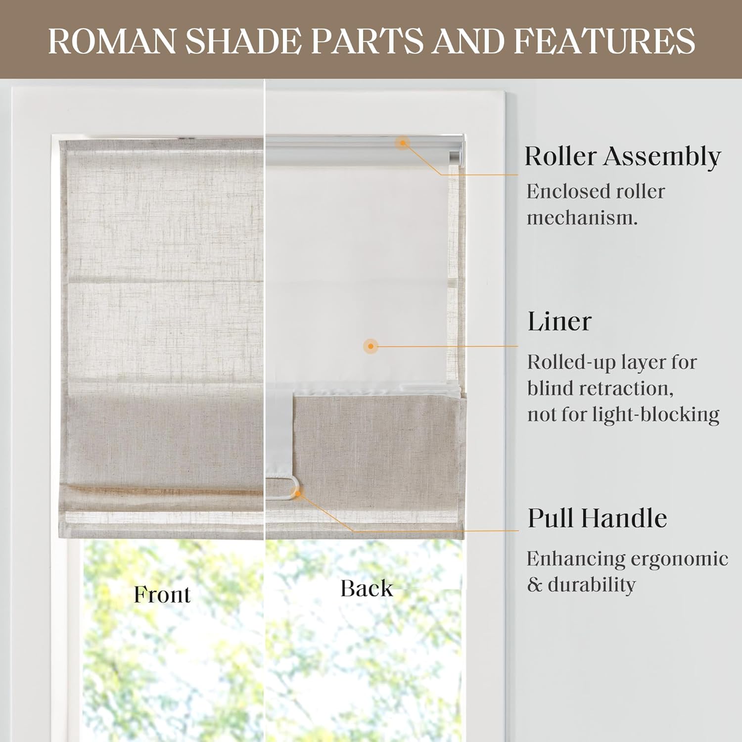 Madison Park Kyler Cordless Roman Shades - Single Panel, Lightweight Linen Blend Fabric, Natural Design, Easy Installation, Light Filtering Window Blind, Bedroom, Living Room Decor 27"W x 64"H Natural