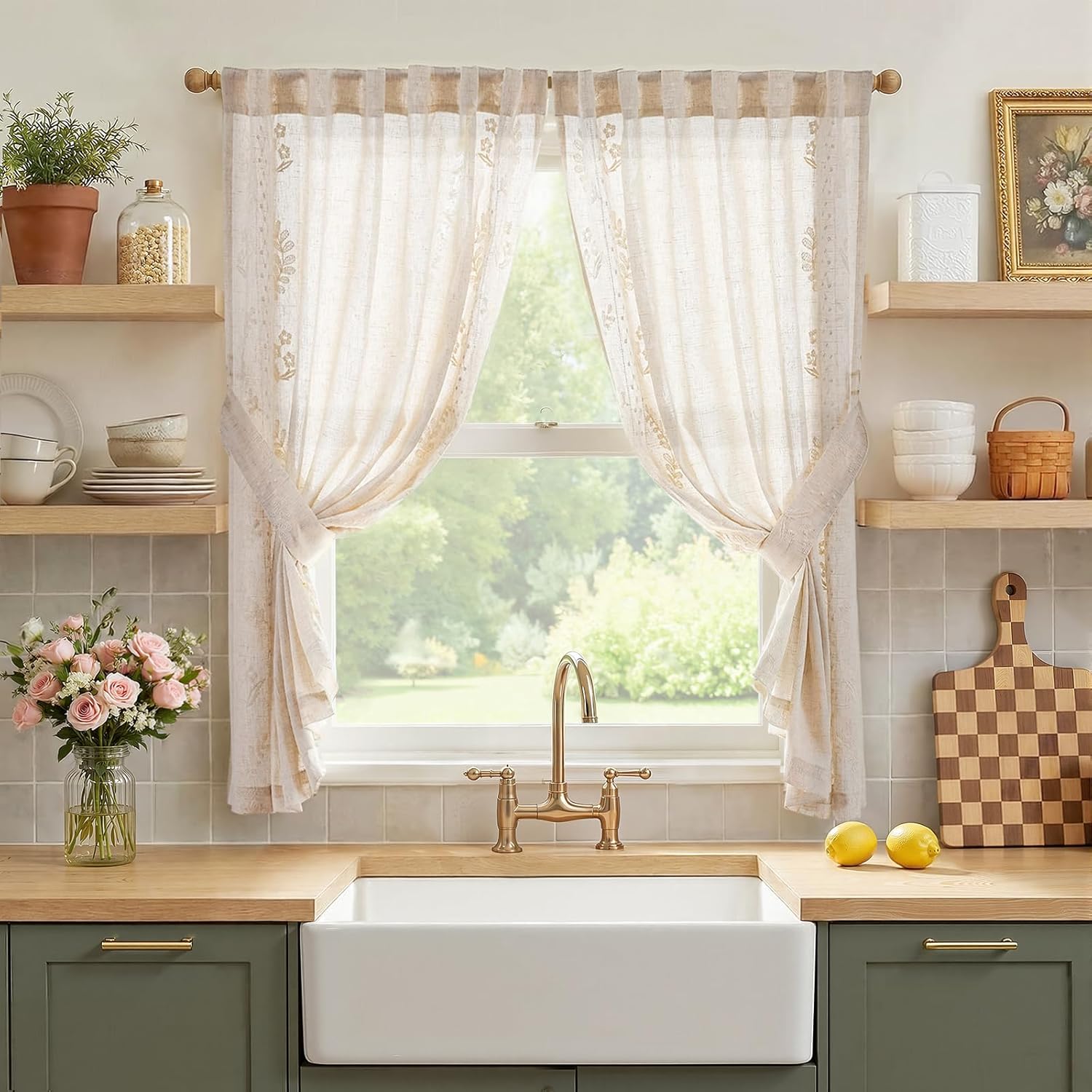 jinchan Belrose Linen Sheer Curtains for Living Room 84 Inch Length Sheer Voile Embroidered Floral Curtains for Bedroom Light Filtering Rod Pocket Window Treatments Farmhouse Decor 2 Panels Beige