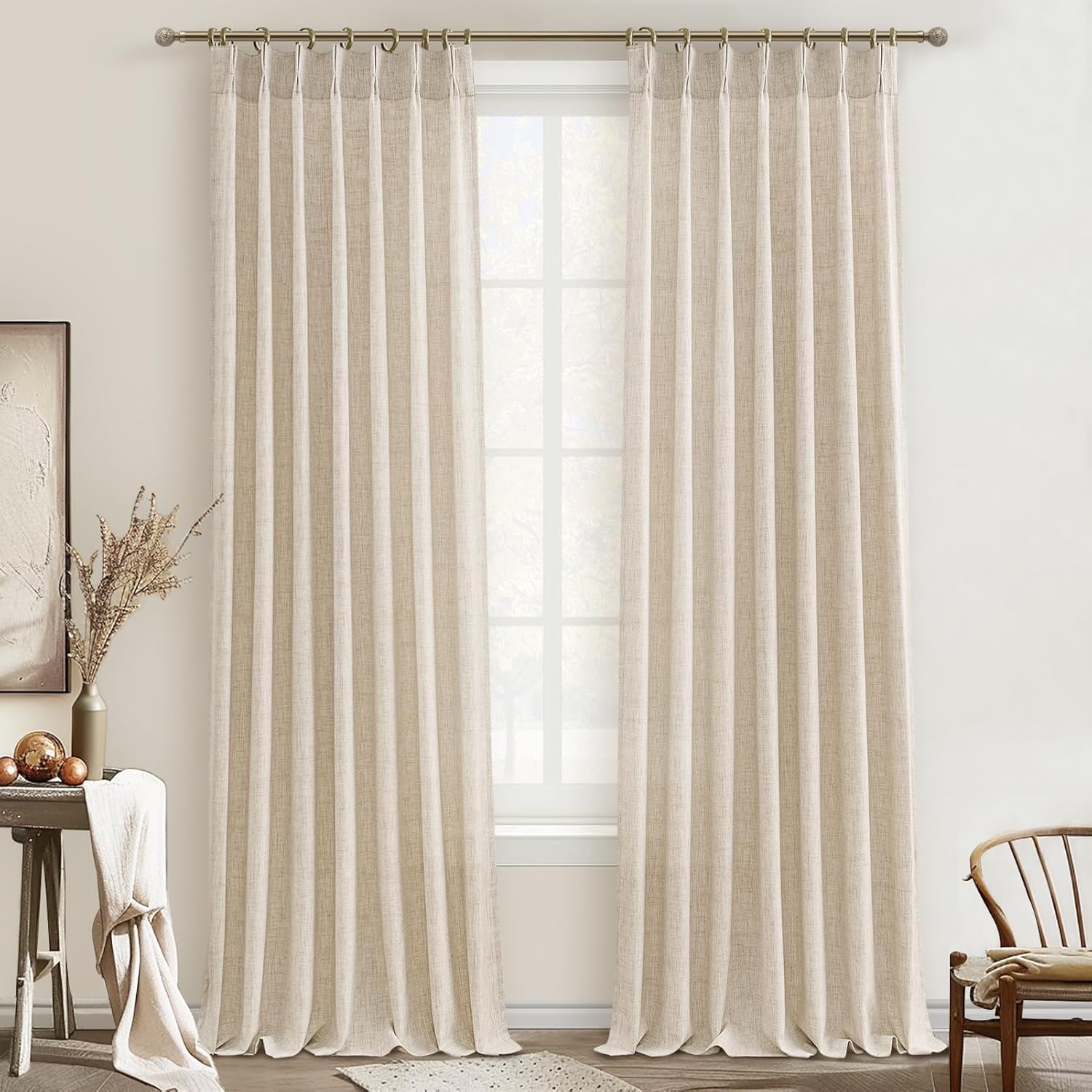 Pinch Pleated Linen Curtains 96 Inches Long for Living Room Bedroom, Light Filtering Boho Window Drape 96 inch 2 Panels Burgs with Hooks&Rings 8ft Cream Birch Sliding Glass Door Sheer Curtain Decor