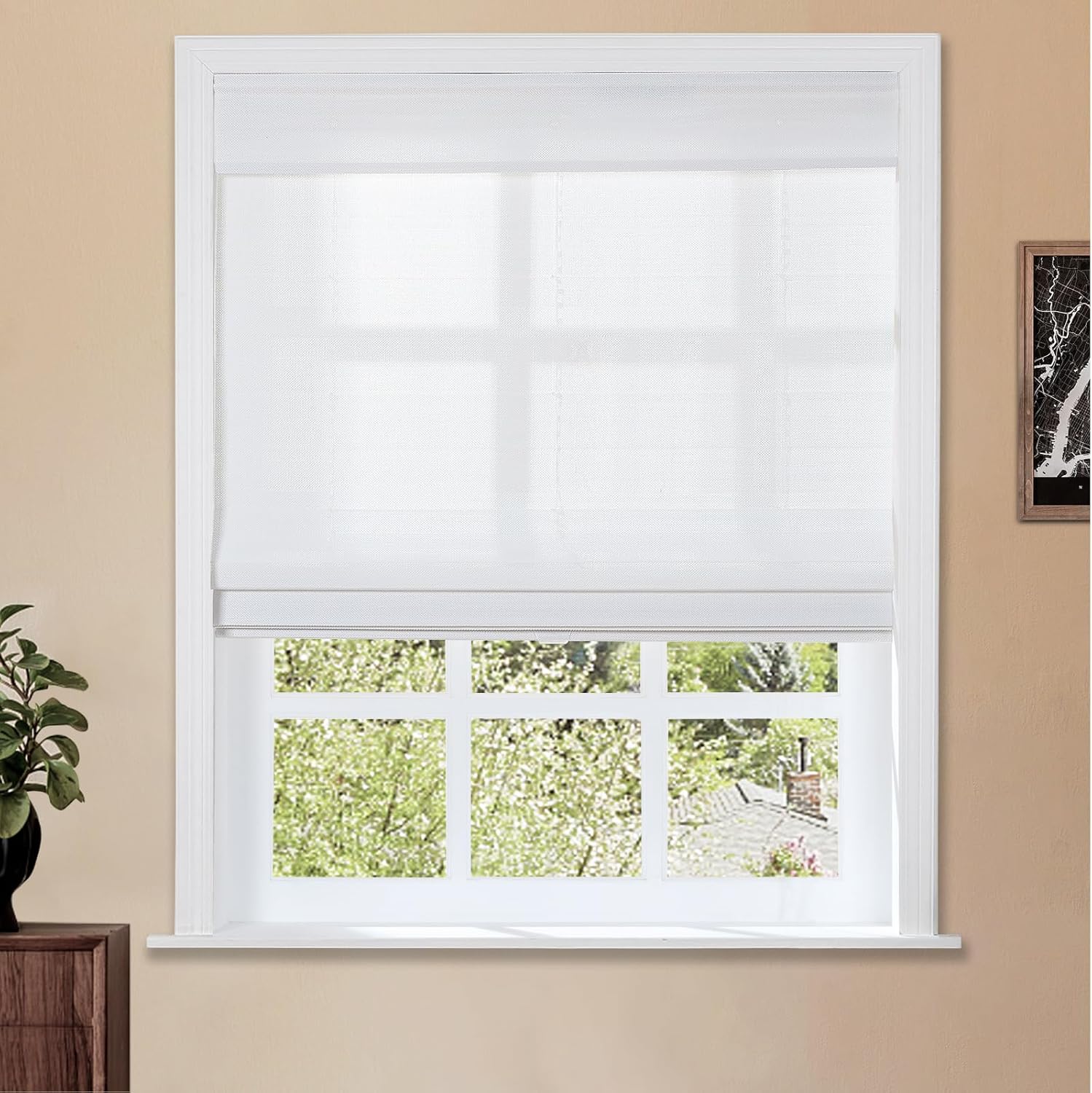 TWOPAGES Natural Cordless Ramie Roman Shade No Drill Customized Roman Blind Light Filtering Blackout Roman Window Shade for Windows, Beige, 1 Piece