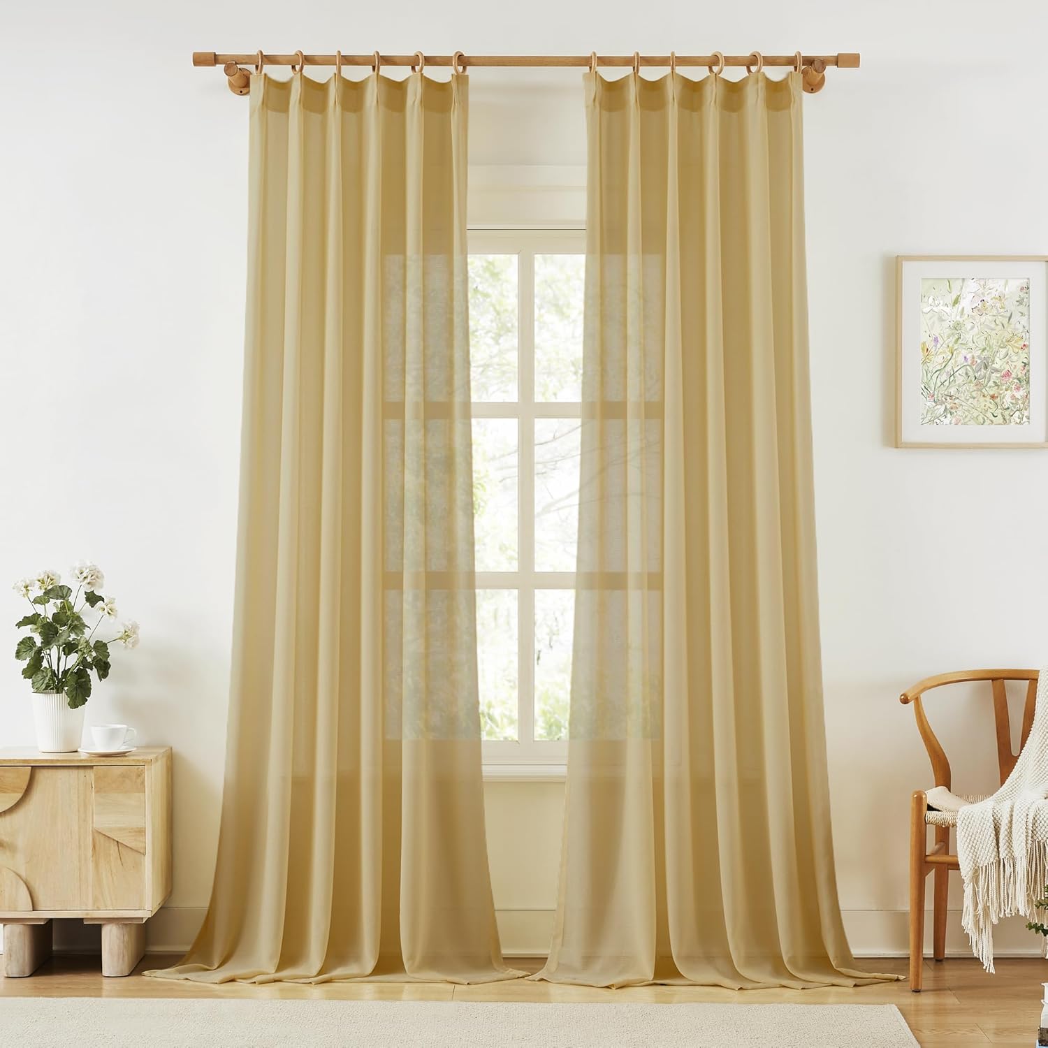 KangBang Pinch Pleat Sheer Curtains 112 Inches Long 2 Panels, Light Filtering Tree Branch Texture Soft Voile Drapes for Living Room Hotel Dorm, Gauzy and Breezy Window Panels, White,42x112 Inch