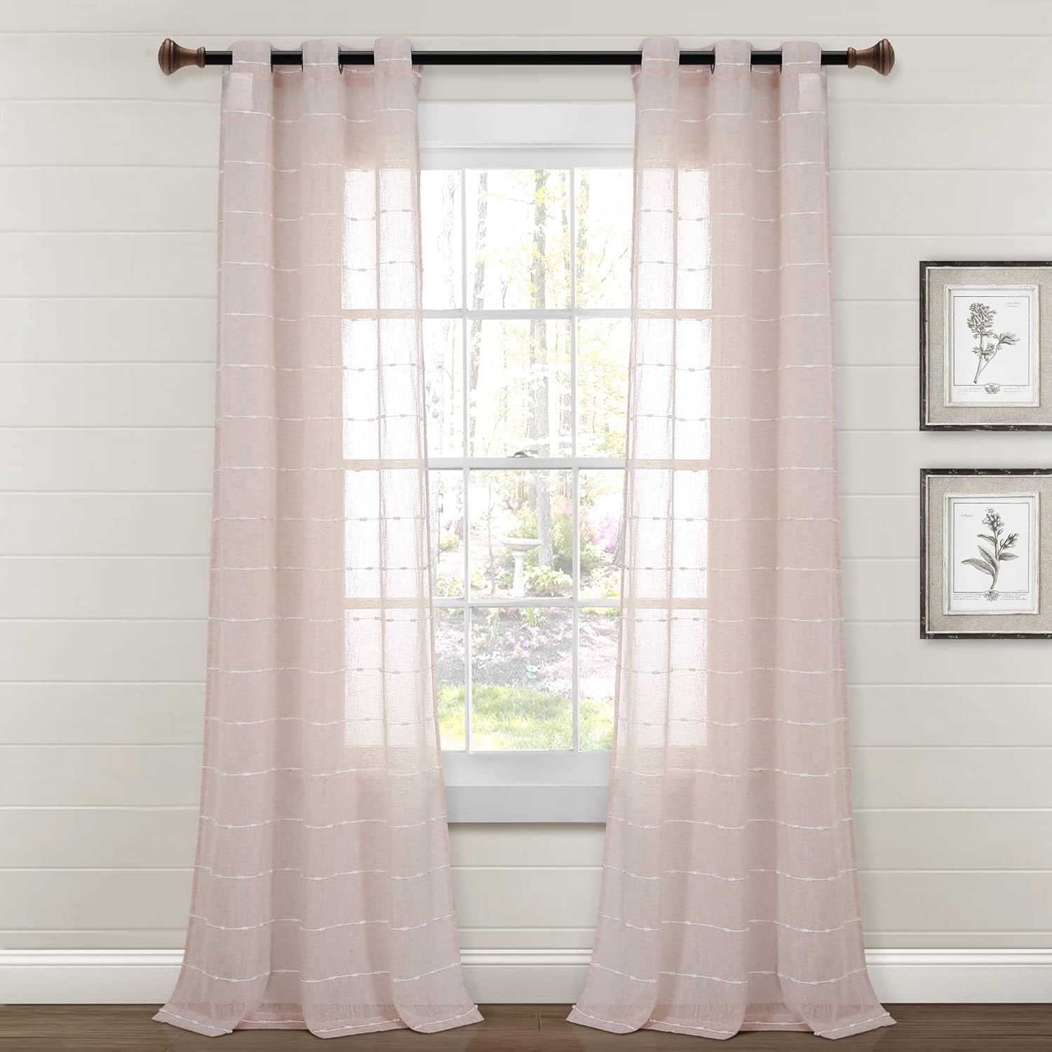 Lush Decor Farmhouse Textured Grommet Sheer Window Curtain Panel Pair, 38"W x 95"L, Beige