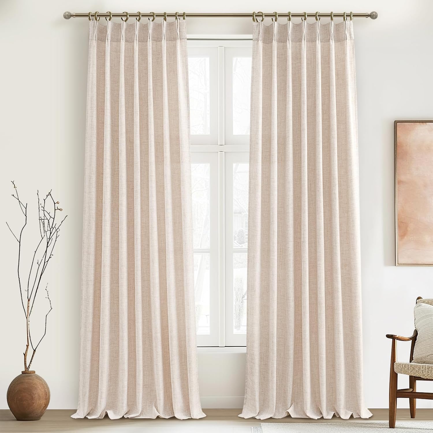 Pinch Pleated Linen Curtains 96 Inches Long for Living Room Bedroom, Light Filtering Boho Window Drape 96 inch 2 Panels Burgs with Hooks&Rings 8ft Cream Birch Sliding Glass Door Sheer Curtain Decor