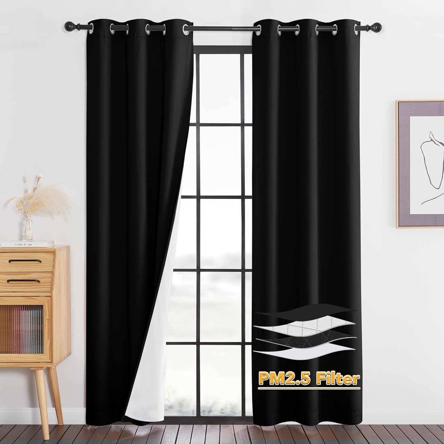 RYB HOME PM 2.5 Filter Curtains for Living Room, Noise Reduction Room Darkening Window Coverings Melt Blown Fabric Liner for Dust Sandstorms Smog Pollen Odor Filtering, Black, W52 x L84 inch, 2 Panels