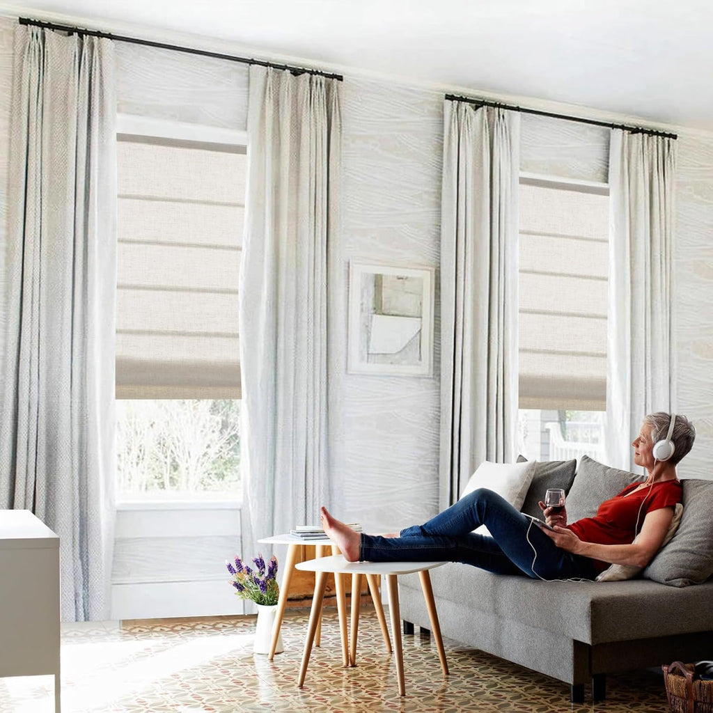 Artdix Cordless Linen Roman Shades, Natural Custom Fabric Room Darkening Roman Window Shades Blinds for Doors, French Doors, Kitchen Windows, Bathroom Windows