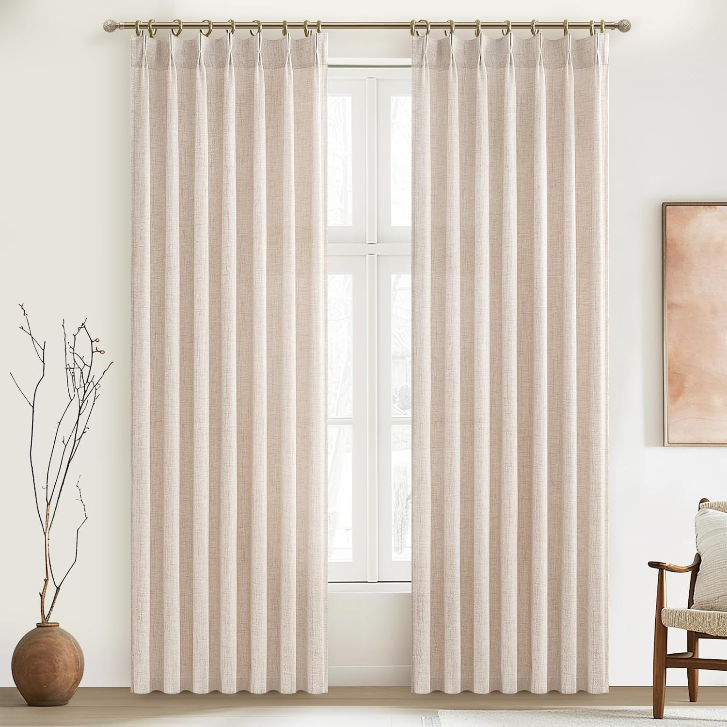 Pinch Pleated Linen Curtains 96 Inches Long for Living Room Bedroom, Light Filtering Boho Window Drape 96 inch 2 Panels Burgs with Hooks&Rings 8ft Cream Birch Sliding Glass Door Sheer Curtain Decor