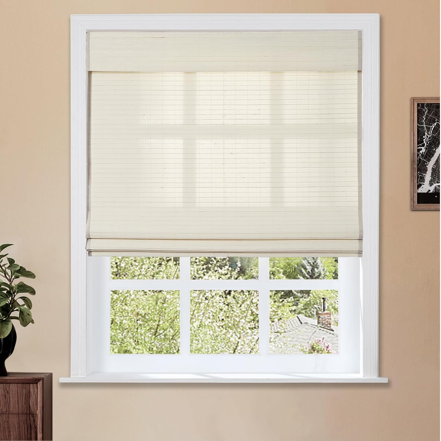 TWOPAGES Natural Cordless Ramie Roman Shade No Drill Customized Roman Blind Light Filtering Blackout Roman Window Shade for Windows, Beige, 1 Piece