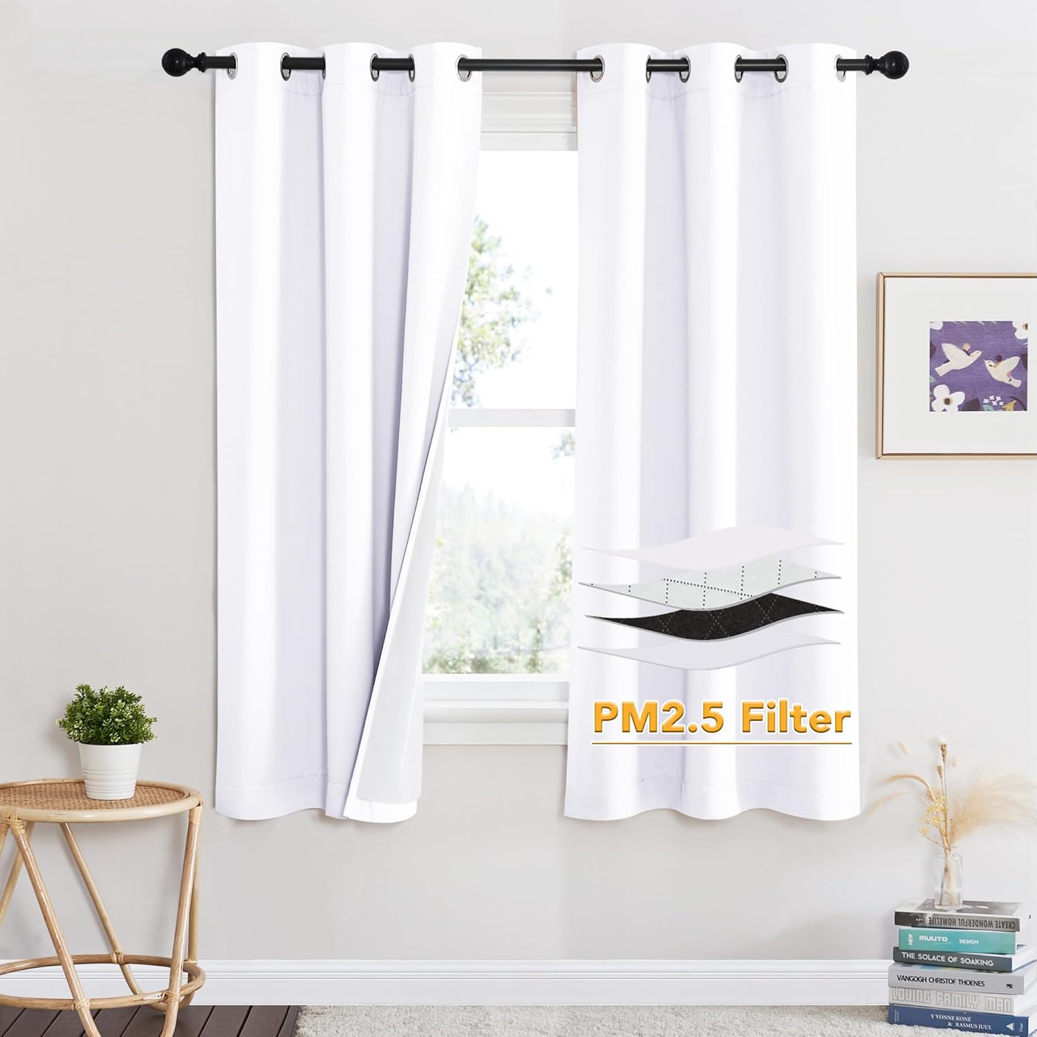 RYB HOME PM 2.5 Filter Curtains for Living Room, Noise Reduction Room Darkening Window Coverings Melt Blown Fabric Liner for Dust Sandstorms Smog Pollen Odor Filtering, Black, W52 x L84 inch, 2 Panels