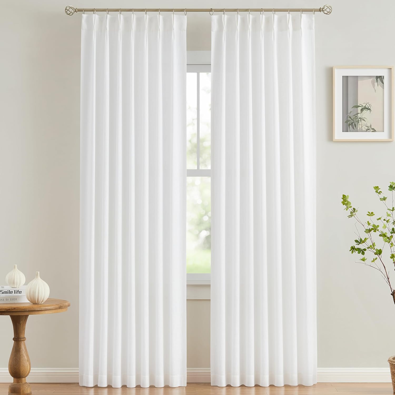 Vision Home Natural Pinch Pleated Semi Sheer Curtains Textured Linen Blended Light Filtering Window Curtains 90 inch for Living Room Bedroom Pinch Pleat Drapes with Hooks 2 Panels 42" Wx90 L
