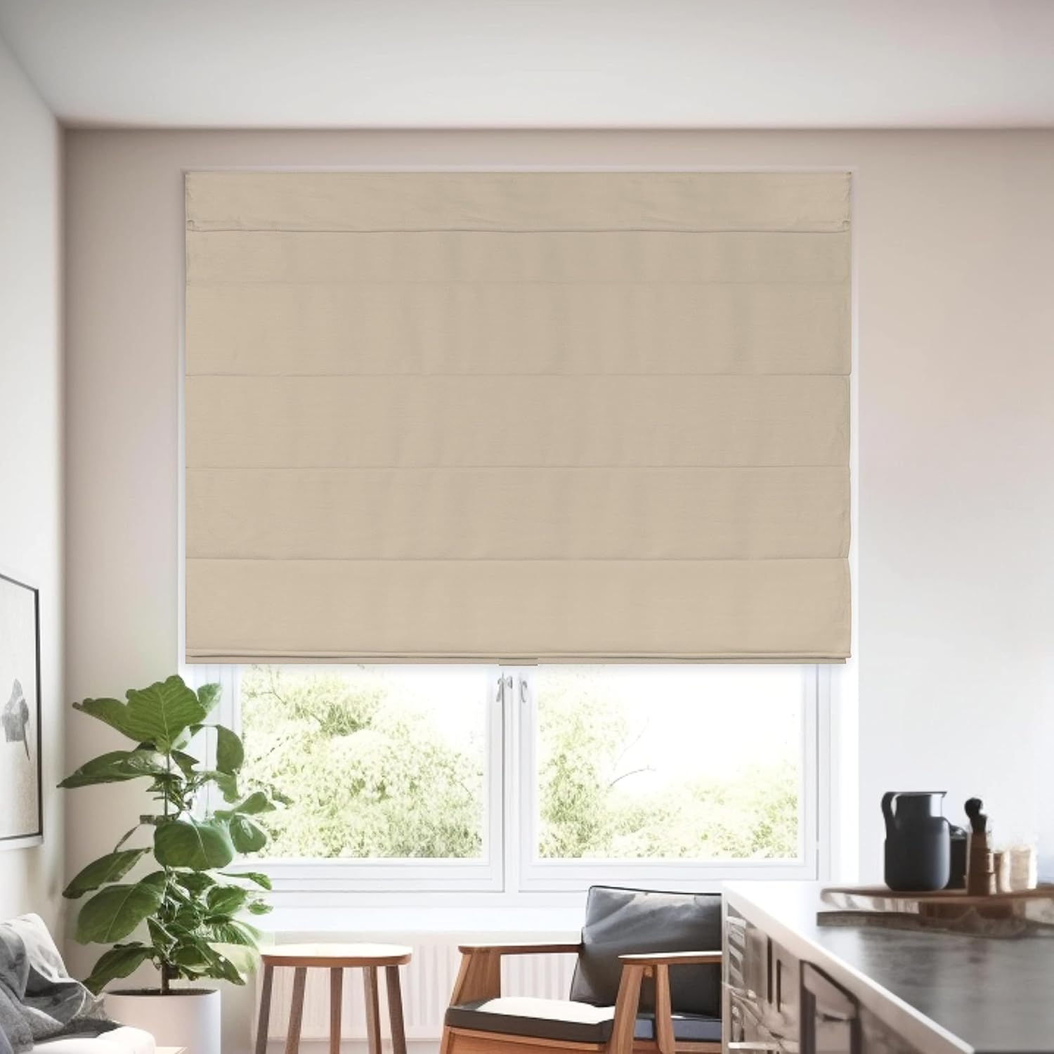 CHICOLOGY - RMBF3564 Cordless Roman Shades Cross-Hatched Modern Fabric Cascade Window Blind Treatment, 35"W X 64"H, Belgian Flax (Privacy & Light Filtering)