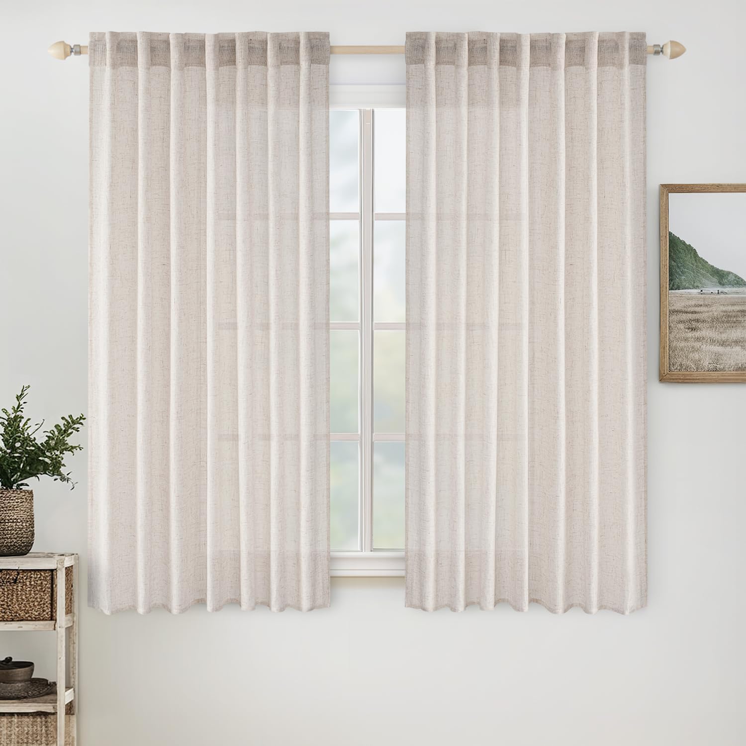 MIULEE Beige Linen Curtains 96 Inches Long 2 Panels for Bedroom Living Room, Soft Linen Textured Window Drapes Semi Sheer Light Filtering Back Tab Rod Pocket Farmhouse Modern Burlap Look Decor