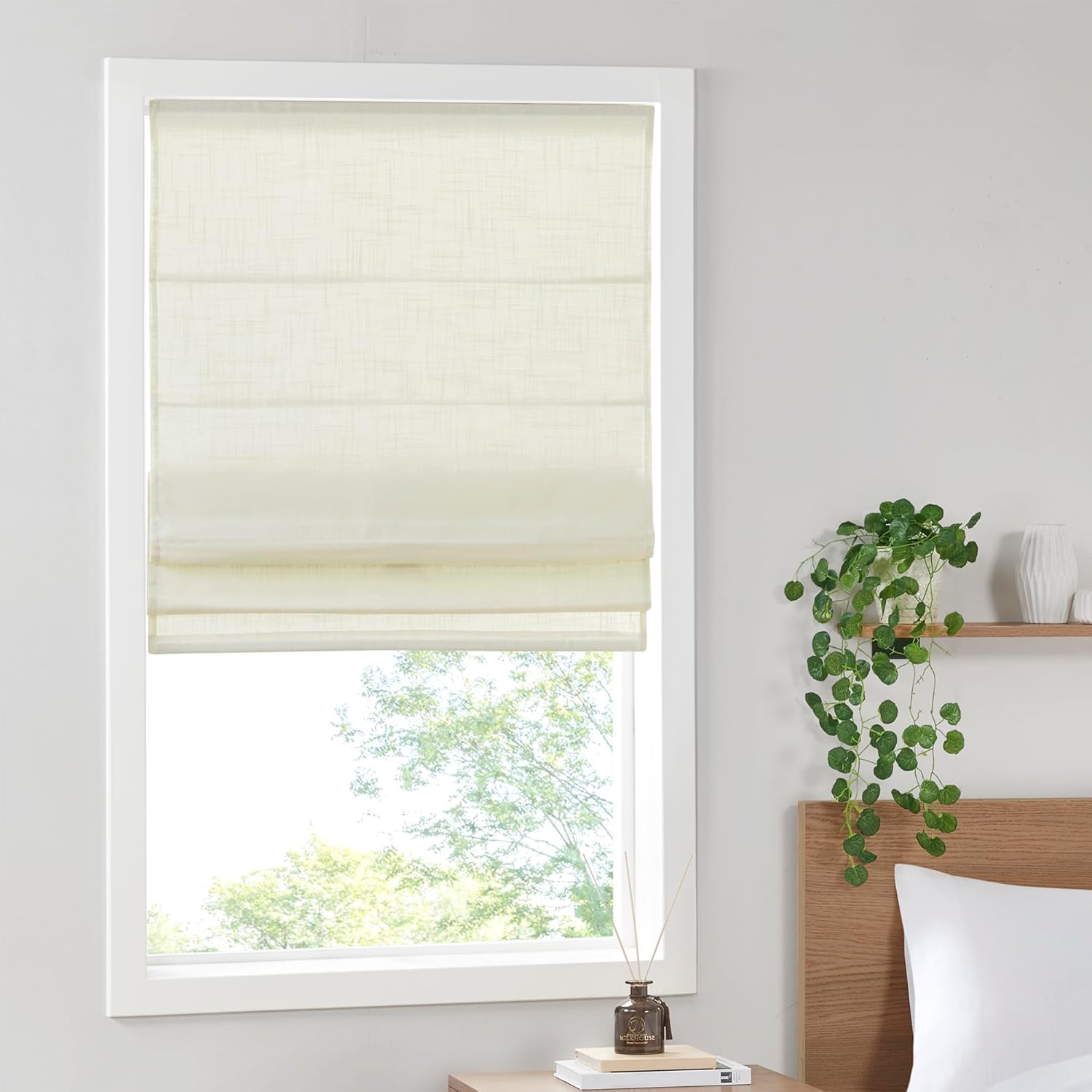 Madison Park Galen Cordless Roman Shade, 31"W x 64"H, Sheen Ivory – Room Darkening, Thermal Insulated, Energy Efficient Window Blind with Subtle Sheen Basketweave Fabric for Privacy
