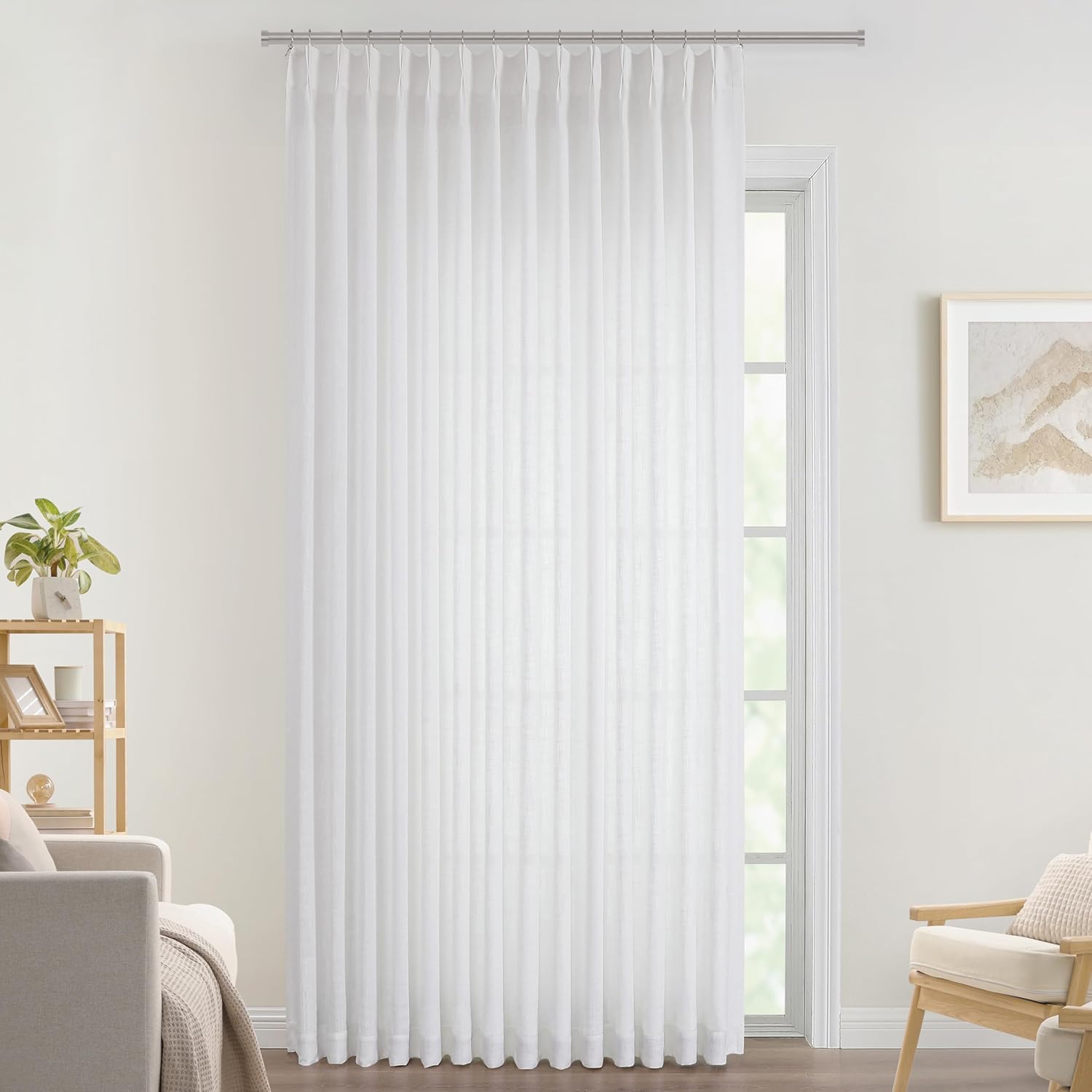 Vision Home Natural Pinch Pleated Semi Sheer Curtains Textured Linen Blended Light Filtering Window Curtains 90 inch for Living Room Bedroom Pinch Pleat Drapes with Hooks 2 Panels 42" Wx90 L