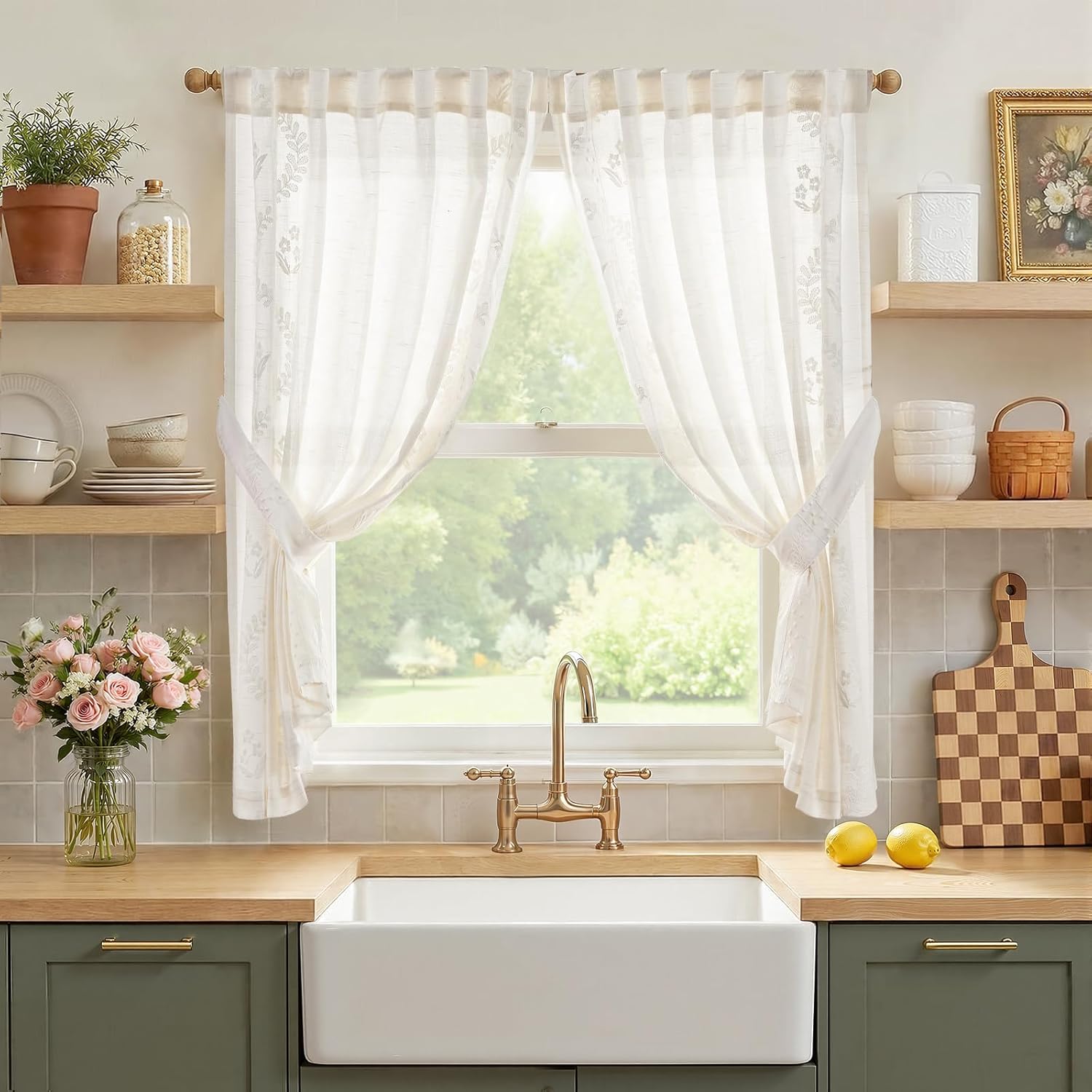 jinchan Belrose Linen Sheer Curtains for Living Room 84 Inch Length Sheer Voile Embroidered Floral Curtains for Bedroom Light Filtering Rod Pocket Window Treatments Farmhouse Decor 2 Panels Beige