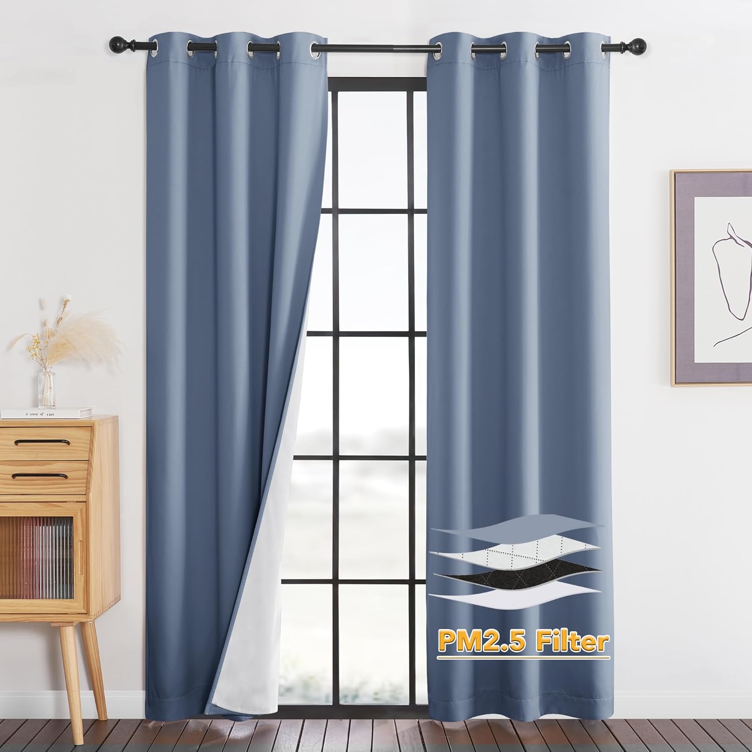 RYB HOME Soundproof Curtains for Bedroom, PM2.5 Particle Filter 100% Blackout Energy Saving Small Window Curtains for Baby Nursery Living Room Home Office, Grey, W 42 x L 63 inches, 2 Pcs