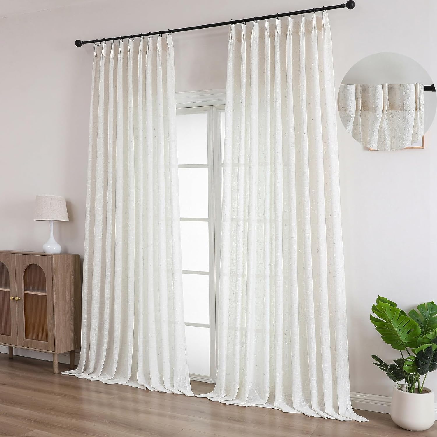 Ftinala Neutral Linen Semi Sheer Curtains 108 Inches Long, Cream Light Filtering Sliding Glass Door Curtains & Drapes, Modern Farmhouse Window Panel, Pinch Pleat Floor to Ceiling Curtain with Hook