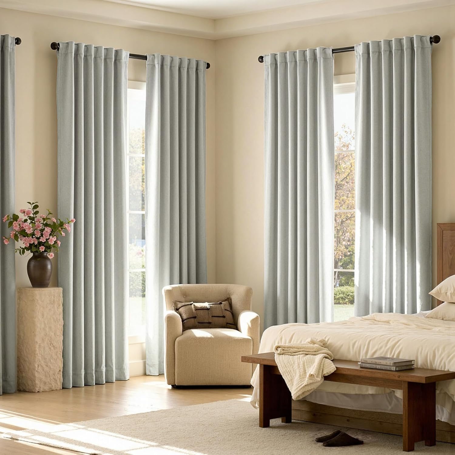 Chenille Blackout Curtains 96 Inches Long Thermal Insulated Curtains for Living Room Bedroom Grey Light Blocking Privacy Drapes Thick Noise Reducing Window Curtains 2 Panle Set Back Tab Neutral Drapes
