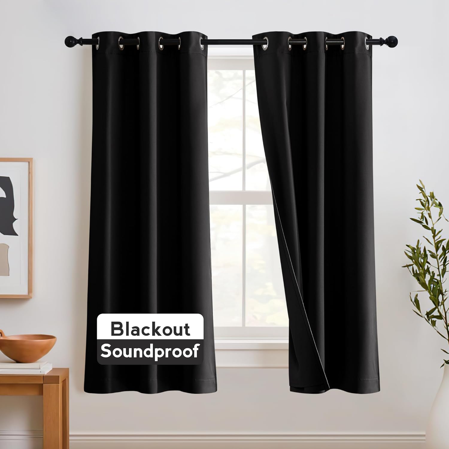 RYB HOME Soundproof Curtains Blackout - 3 Layers Light Block Noise Cancelling Thermal Insulated Curtains for Living Room Bedroom Room Divider, 52 inch Wide x 108 inch Long, Grey, 2 Panels