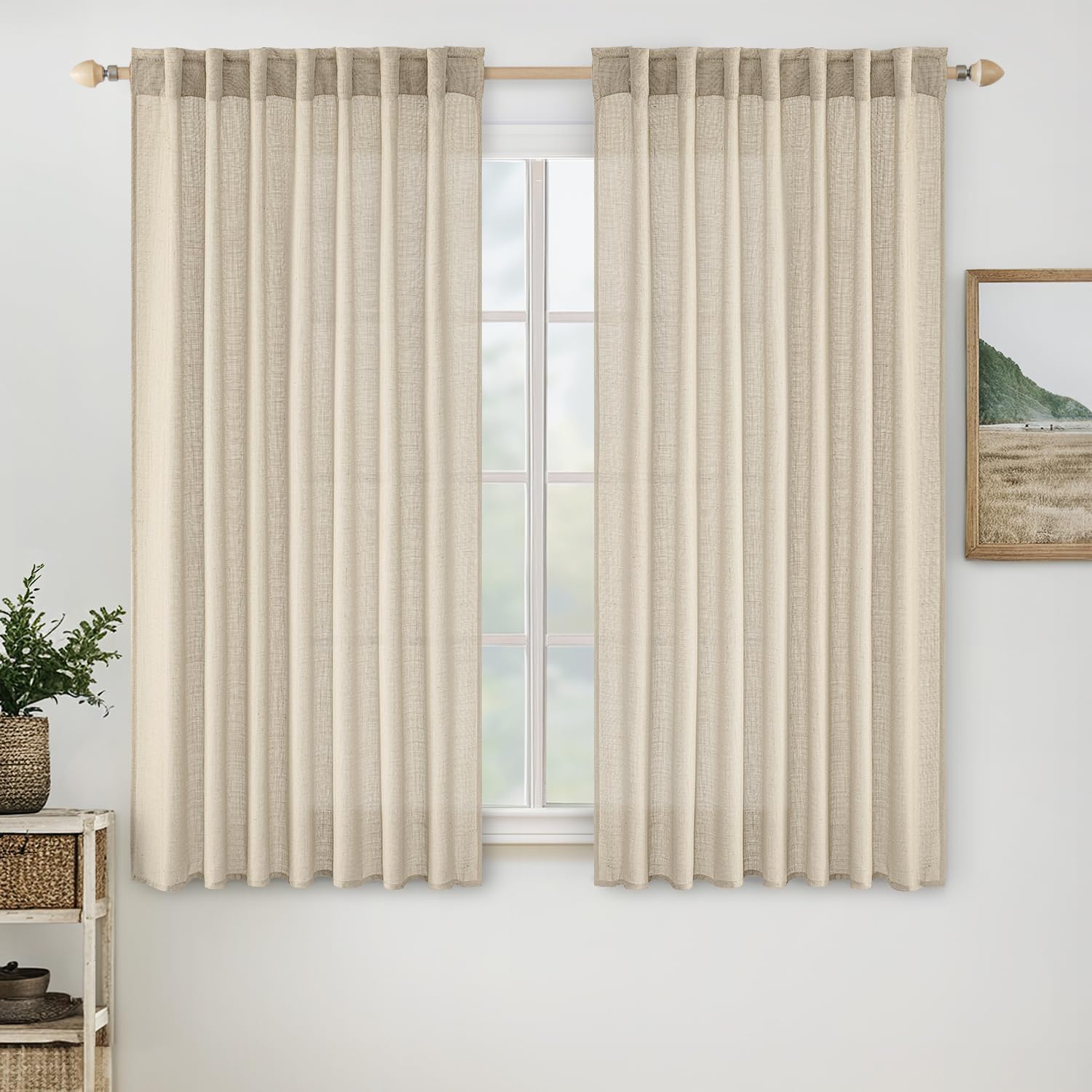 MIULEE Beige Linen Curtains 96 Inches Long 2 Panels for Bedroom Living Room, Soft Linen Textured Window Drapes Semi Sheer Light Filtering Back Tab Rod Pocket Farmhouse Modern Burlap Look Decor