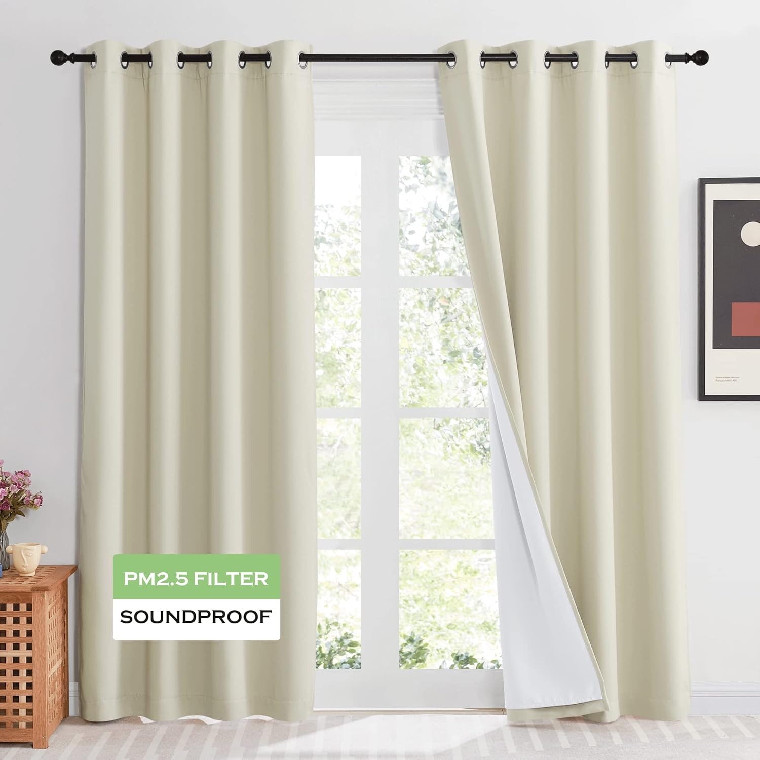 KGORGE 4-in-1 Soundproof Anti Dust 100% Blackout Curtains with Melt-Blown Layer Noise Reducing Thermal Insulating Window Drapes for Bedroom Nursery, W 52 x L 84, Black, 2 Panels