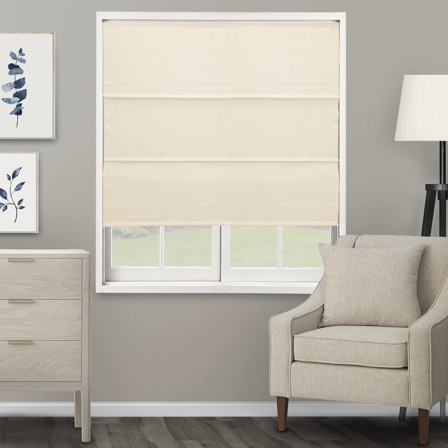 CHICOLOGY - RMBF3564 Cordless Roman Shades Cross-Hatched Modern Fabric Cascade Window Blind Treatment, 35"W X 64"H, Belgian Flax (Privacy & Light Filtering)