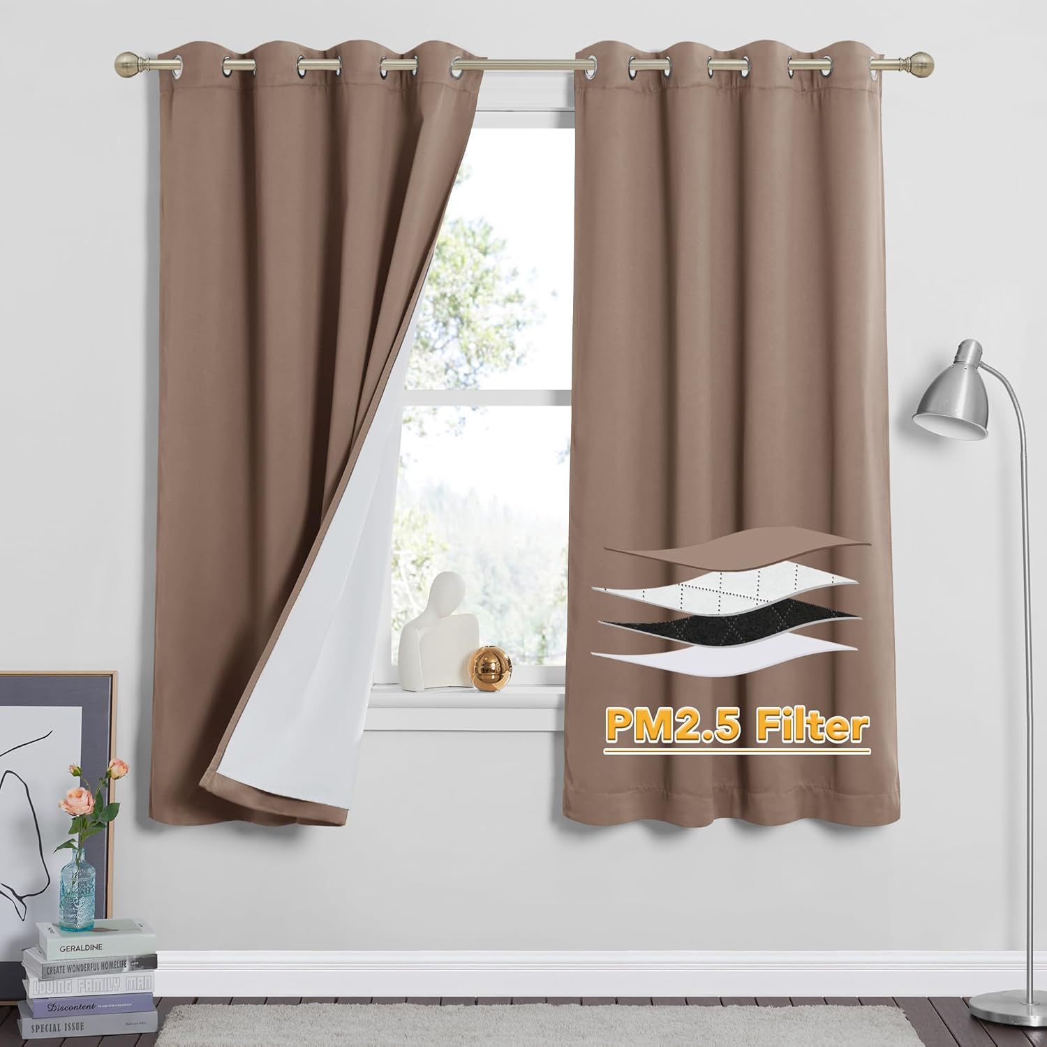 RYB HOME Soundproof Curtains for Bedroom, PM2.5 Particle Filter 100% Blackout Energy Saving Small Window Curtains for Baby Nursery Living Room Home Office, Grey, W 42 x L 63 inches, 2 Pcs