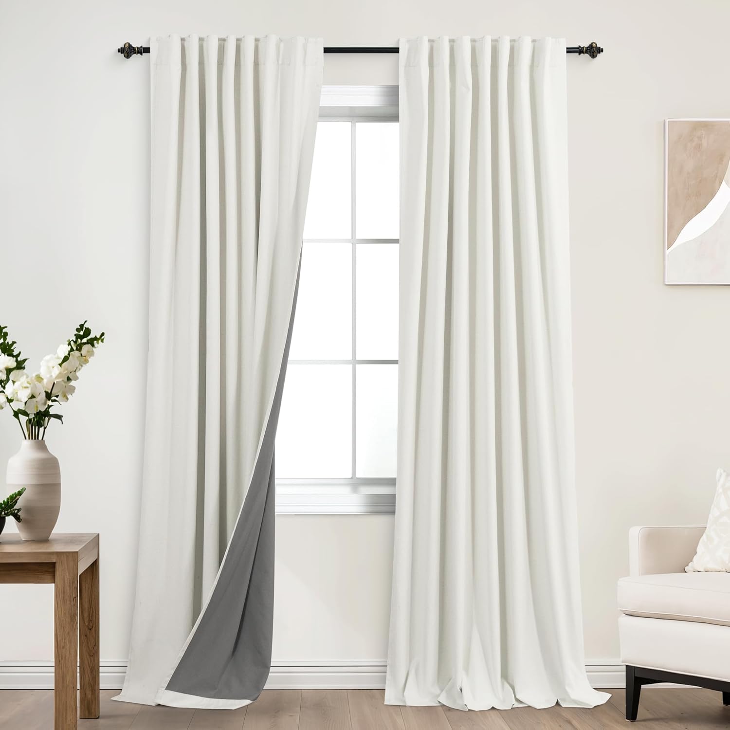 Extra Wide Soundproof Blackout Curtains with Pleated Back Tab Rod Pocket,96 Inch Long 2 Panel Set Thermal Curtain for Winter Insulated to Keep Cold Out Noise Reducing Curtains for Living Room Bedroom