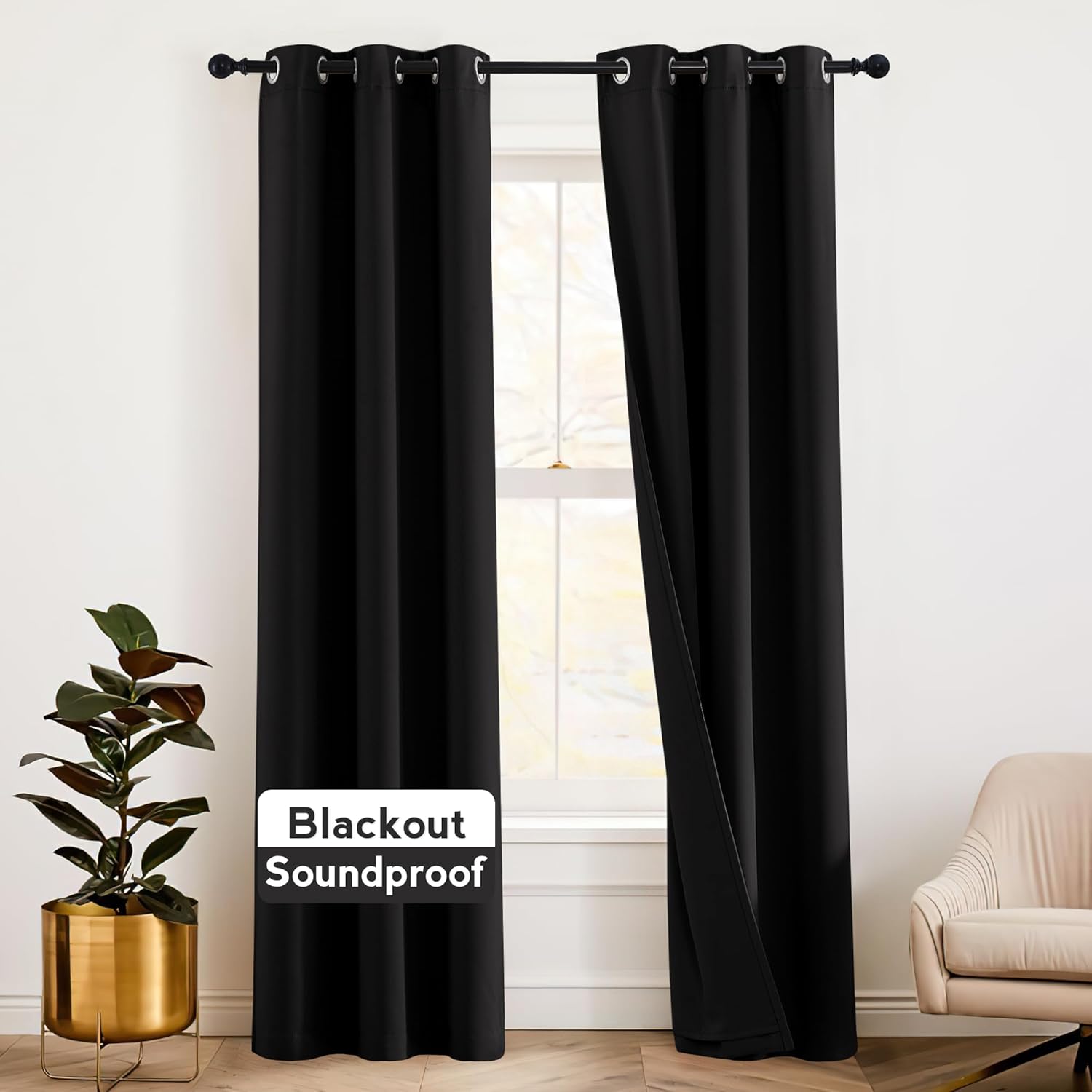 RYB HOME Soundproof Curtains Blackout - 3 Layers Light Block Noise Cancelling Thermal Insulated Curtains for Living Room Bedroom Room Divider, 52 inch Wide x 108 inch Long, Grey, 2 Panels