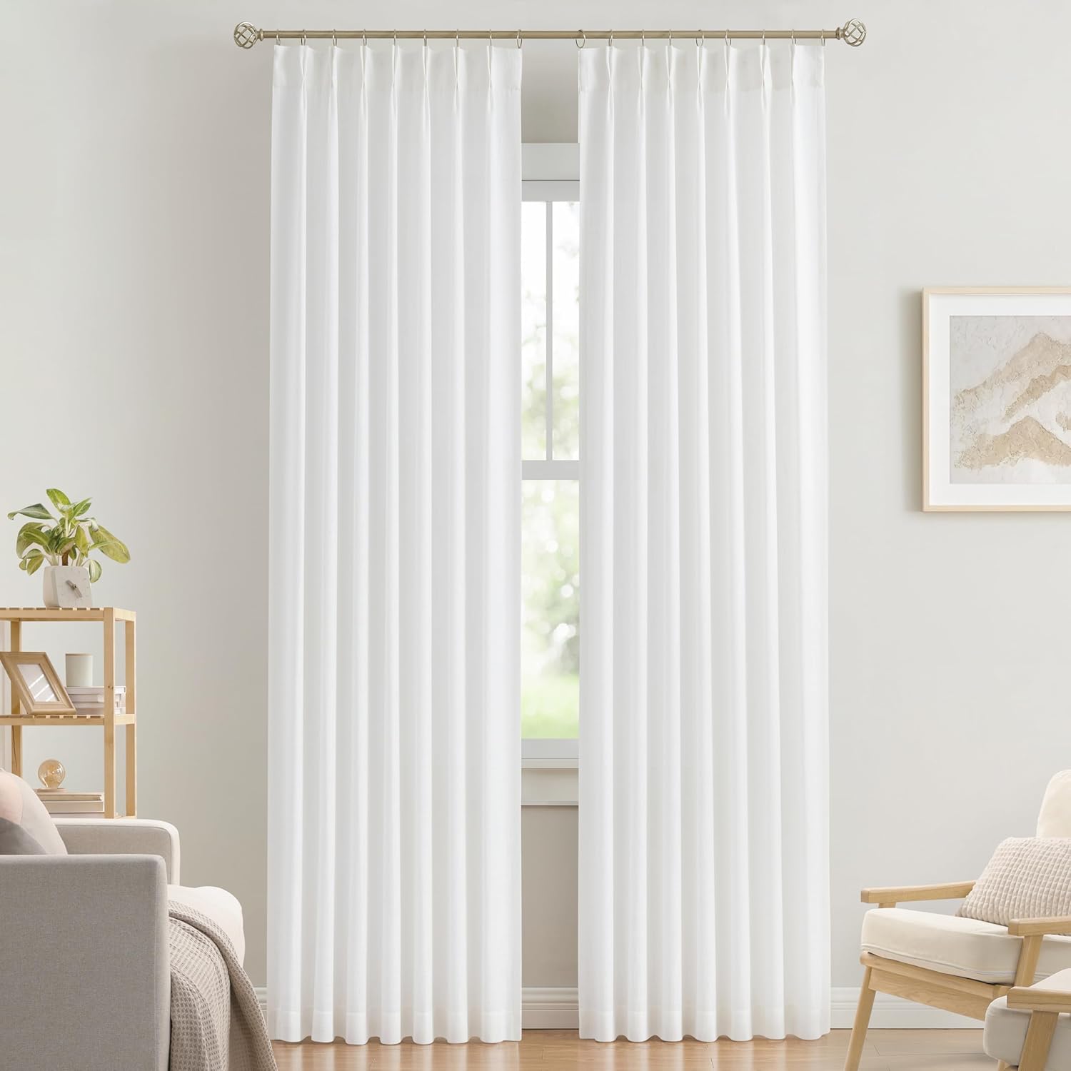 Vision Home Natural Pinch Pleated Semi Sheer Curtains Textured Linen Blended Light Filtering Window Curtains 90 inch for Living Room Bedroom Pinch Pleat Drapes with Hooks 2 Panels 42" Wx90 L
