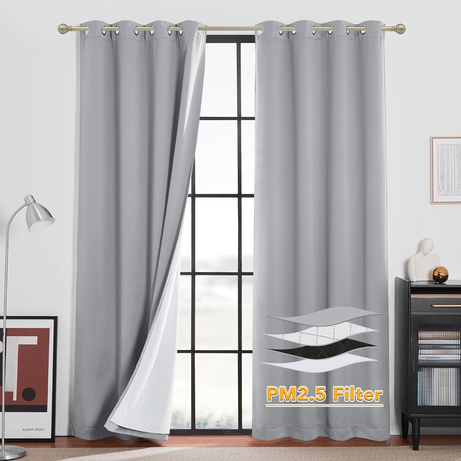 RYB HOME Soundproof Curtains for Bedroom, PM2.5 Particle Filter 100% Blackout Energy Saving Small Window Curtains for Baby Nursery Living Room Home Office, Grey, W 42 x L 63 inches, 2 Pcs