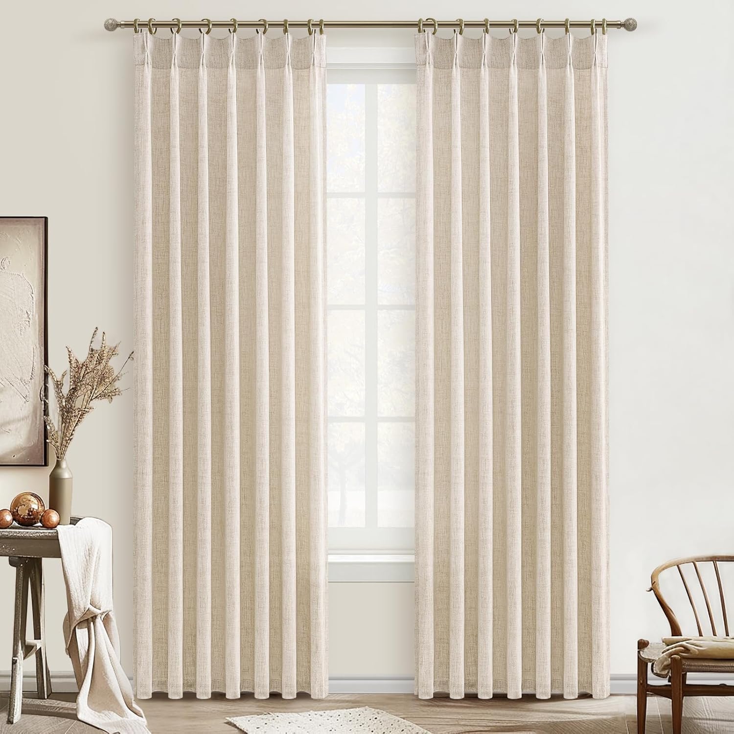 Pinch Pleated Linen Curtains 96 Inches Long for Living Room Bedroom, Light Filtering Boho Window Drape 96 inch 2 Panels Burgs with Hooks&Rings 8ft Cream Birch Sliding Glass Door Sheer Curtain Decor