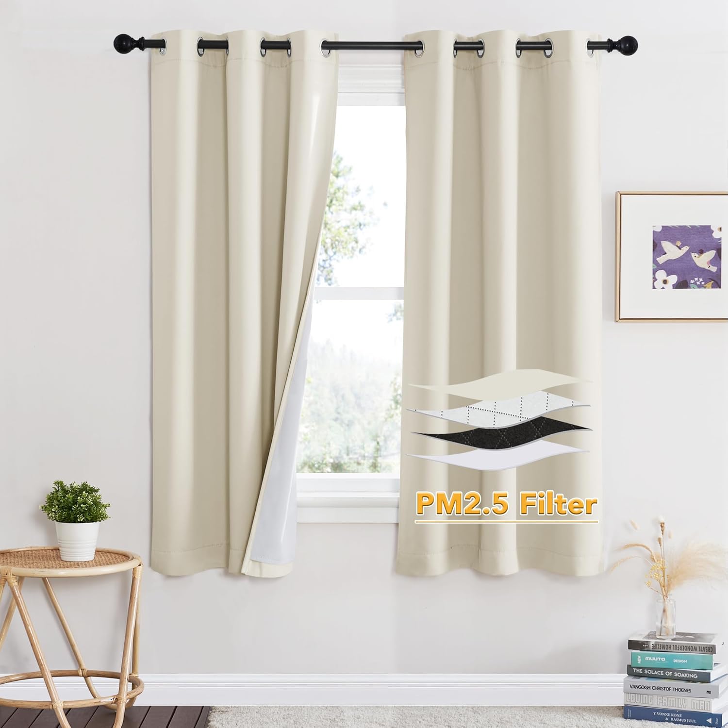 RYB HOME Soundproof Curtains for Bedroom, PM2.5 Particle Filter 100% Blackout Energy Saving Small Window Curtains for Baby Nursery Living Room Home Office, Grey, W 42 x L 63 inches, 2 Pcs
