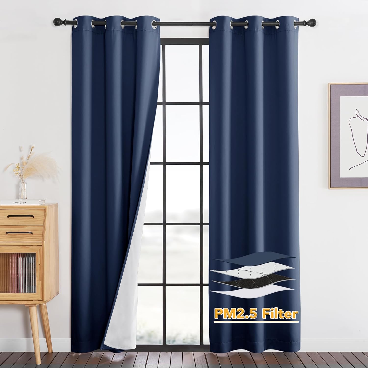 RYB HOME PM 2.5 Filter Curtains for Living Room, Noise Reduction Room Darkening Window Coverings Melt Blown Fabric Liner for Dust Sandstorms Smog Pollen Odor Filtering, Black, W52 x L84 inch, 2 Panels