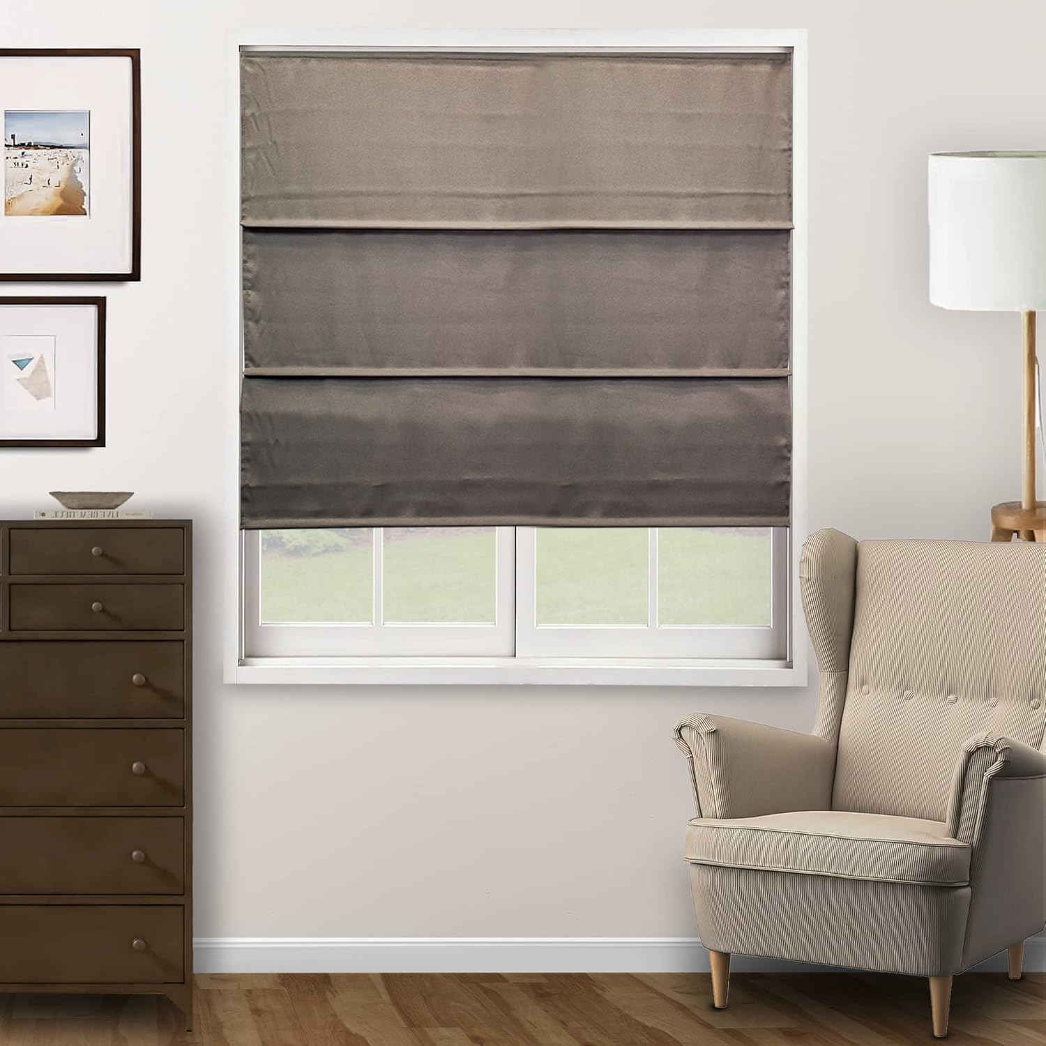 CHICOLOGY - RMBF3564 Cordless Roman Shades Cross-Hatched Modern Fabric Cascade Window Blind Treatment, 35"W X 64"H, Belgian Flax (Privacy & Light Filtering)