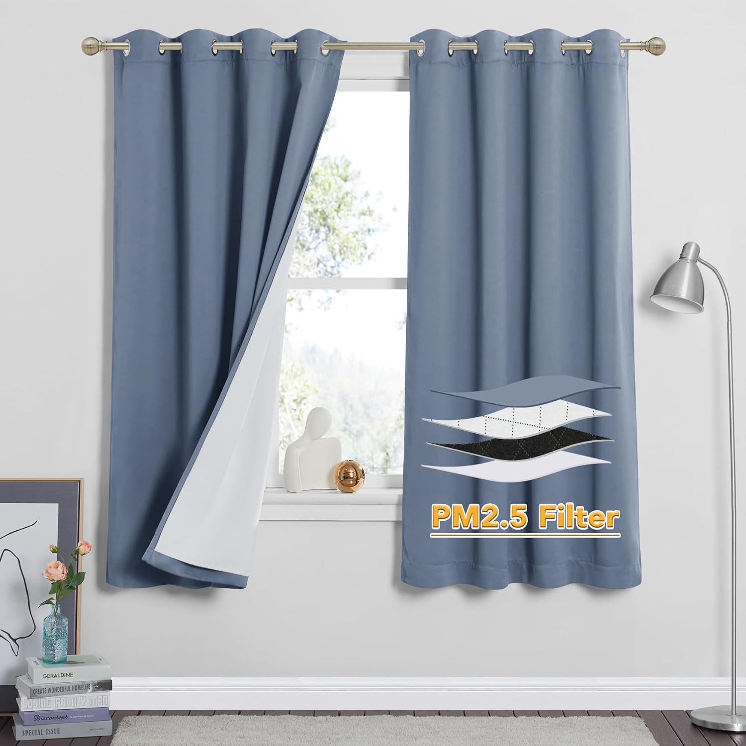 RYB HOME Soundproof Curtains for Bedroom, PM2.5 Particle Filter 100% Blackout Energy Saving Small Window Curtains for Baby Nursery Living Room Home Office, Grey, W 42 x L 63 inches, 2 Pcs