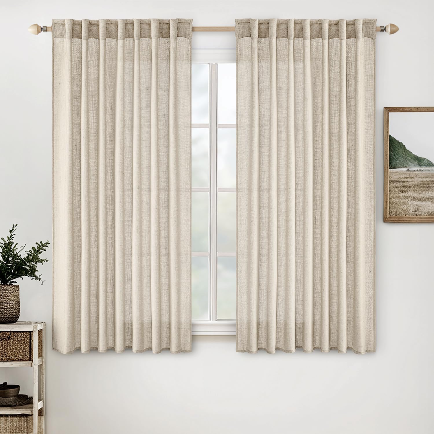 MIULEE Beige Linen Curtains 96 Inches Long 2 Panels for Bedroom Living Room, Soft Linen Textured Window Drapes Semi Sheer Light Filtering Back Tab Rod Pocket Farmhouse Modern Burlap Look Decor
