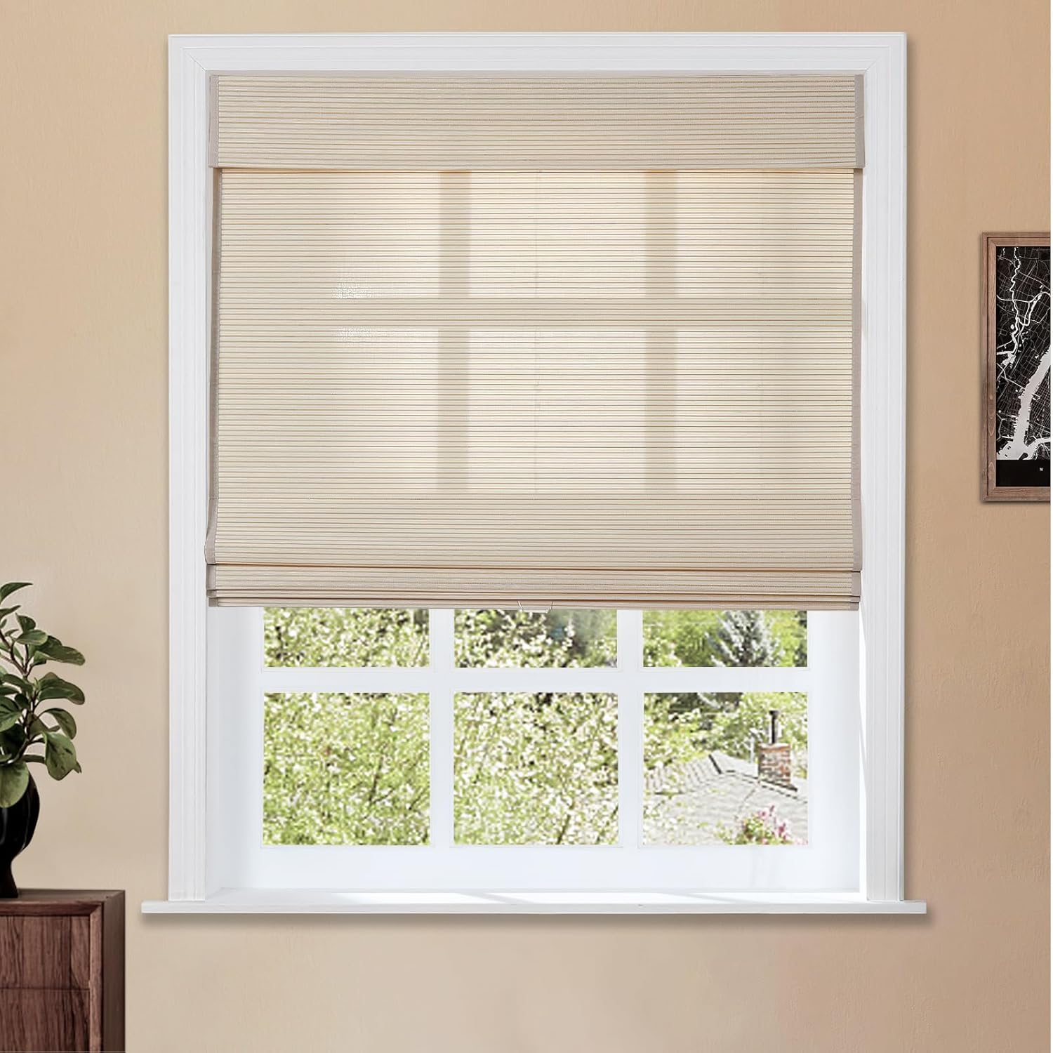 TWOPAGES Natural Cordless Ramie Roman Shade No Drill Customized Roman Blind Light Filtering Blackout Roman Window Shade for Windows, Beige, 1 Piece
