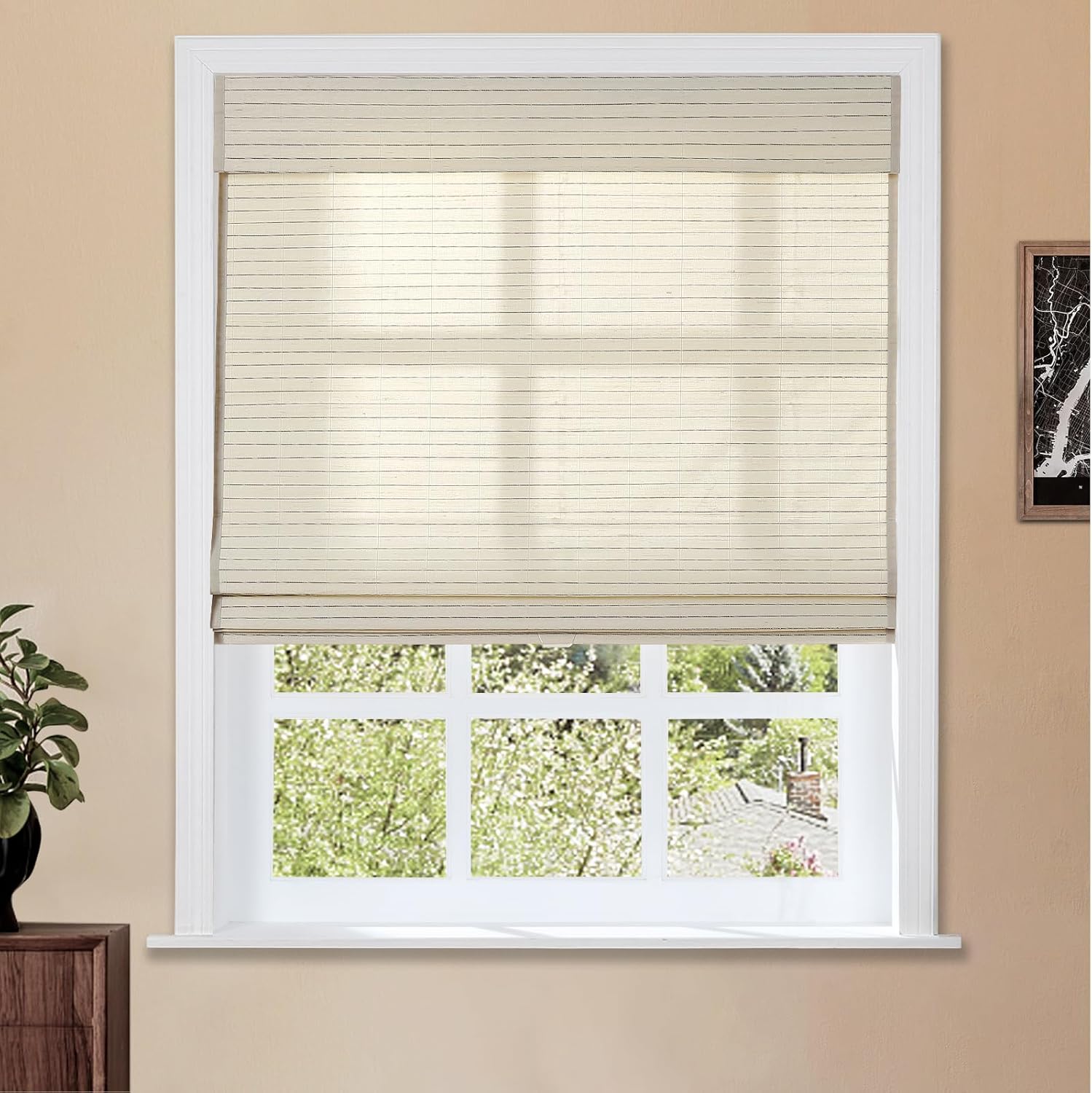 TWOPAGES Natural Cordless Ramie Roman Shade No Drill Customized Roman Blind Light Filtering Blackout Roman Window Shade for Windows, Beige, 1 Piece