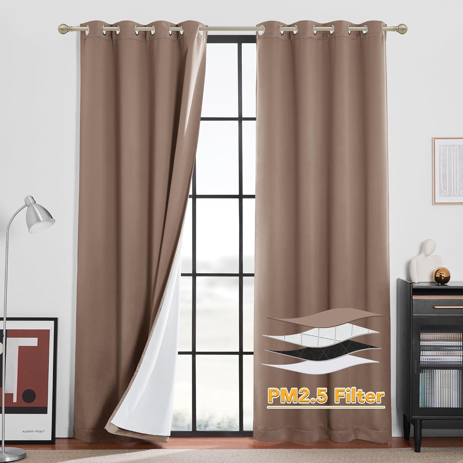 RYB HOME PM 2.5 Filter Curtains for Living Room, Noise Reduction Room Darkening Window Coverings Melt Blown Fabric Liner for Dust Sandstorms Smog Pollen Odor Filtering, Black, W52 x L84 inch, 2 Panels