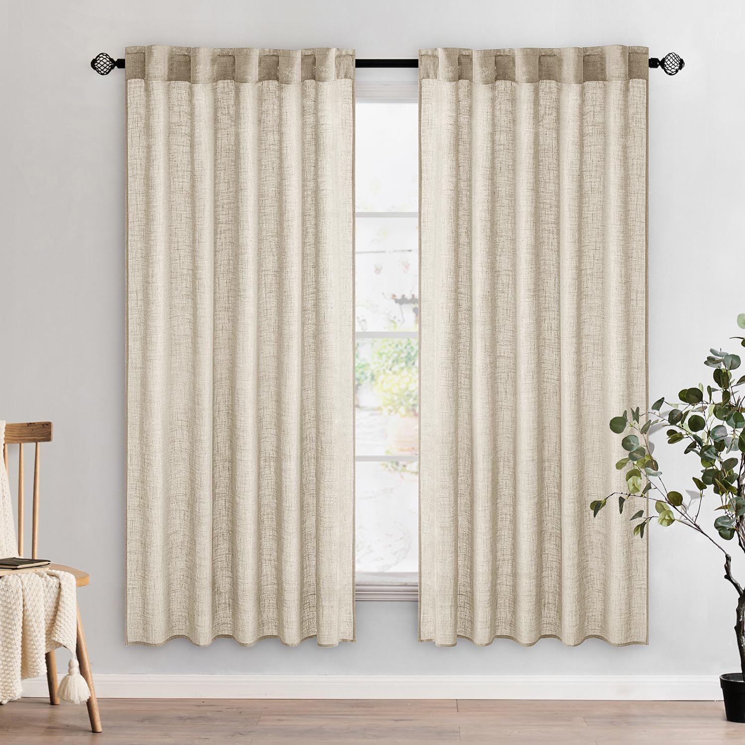 MIULEE Beige Linen Curtains 96 Inches Long 2 Panels for Bedroom Living Room, Soft Linen Textured Window Drapes Semi Sheer Light Filtering Back Tab Rod Pocket Farmhouse Modern Burlap Look Decor