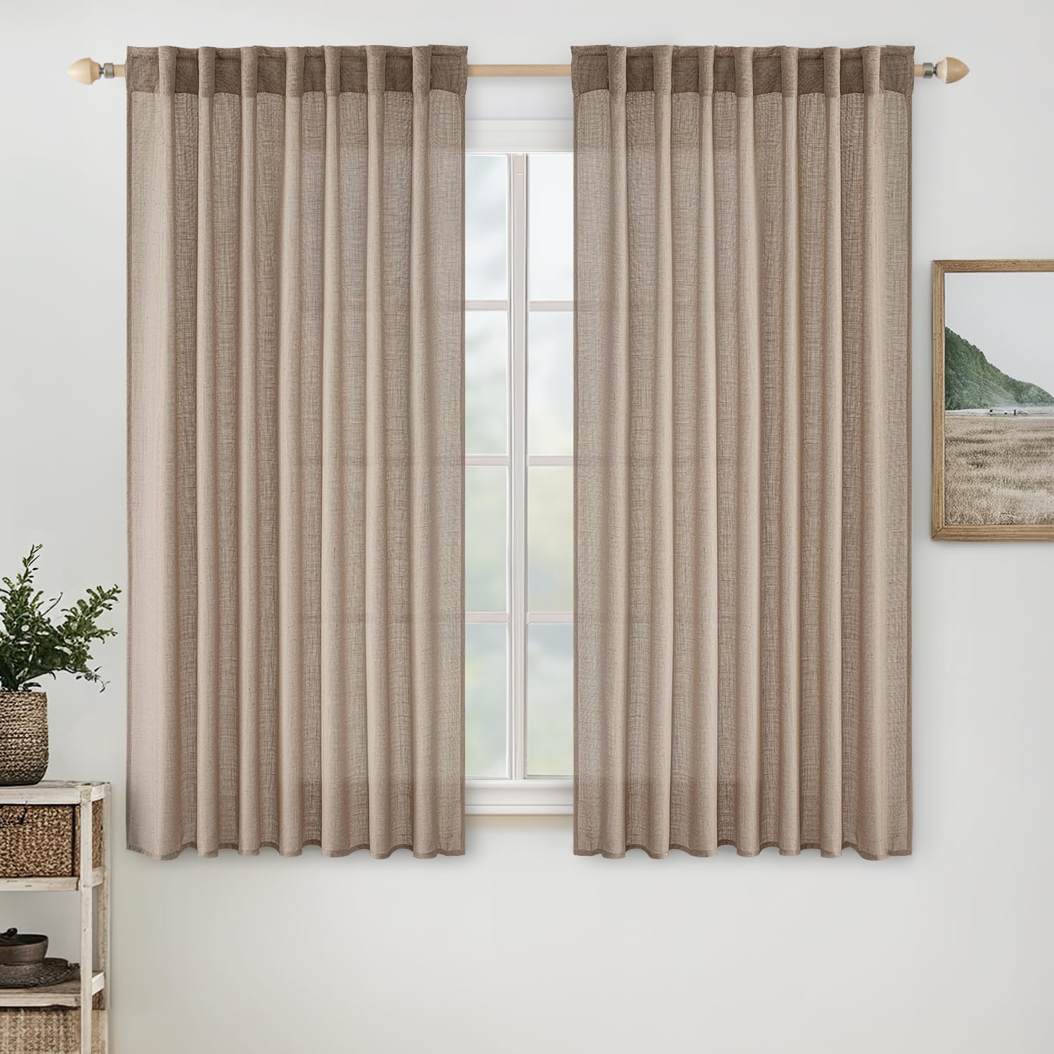 MIULEE Beige Linen Curtains 96 Inches Long 2 Panels for Bedroom Living Room, Soft Linen Textured Window Drapes Semi Sheer Light Filtering Back Tab Rod Pocket Farmhouse Modern Burlap Look Decor