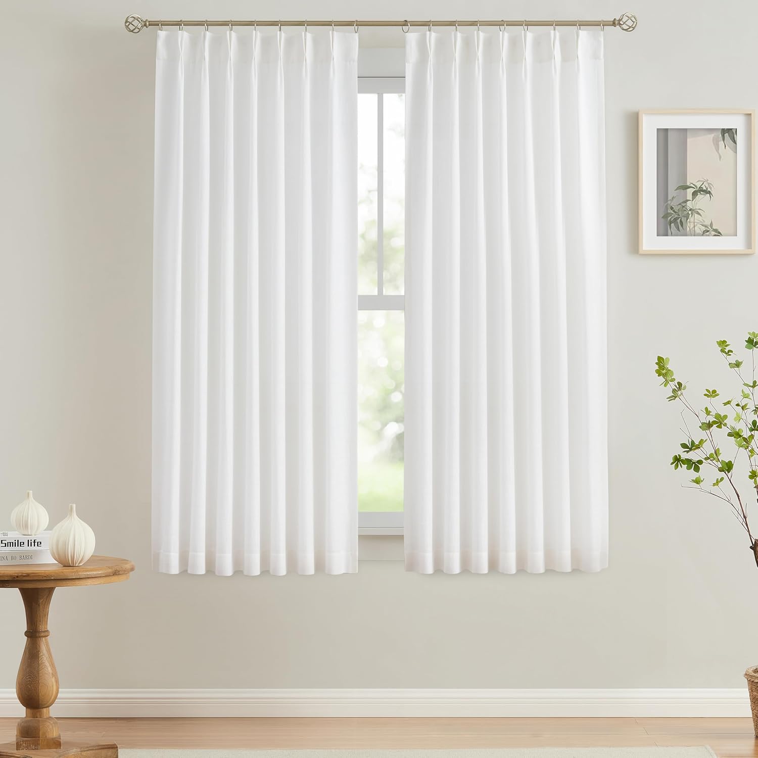 Vision Home Natural Pinch Pleated Semi Sheer Curtains Textured Linen Blended Light Filtering Window Curtains 90 inch for Living Room Bedroom Pinch Pleat Drapes with Hooks 2 Panels 42" Wx90 L