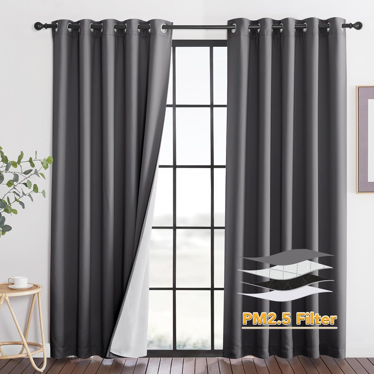 RYB HOME PM 2.5 Filter Curtains for Living Room, Noise Reduction Room Darkening Window Coverings Melt Blown Fabric Liner for Dust Sandstorms Smog Pollen Odor Filtering, Black, W52 x L84 inch, 2 Panels