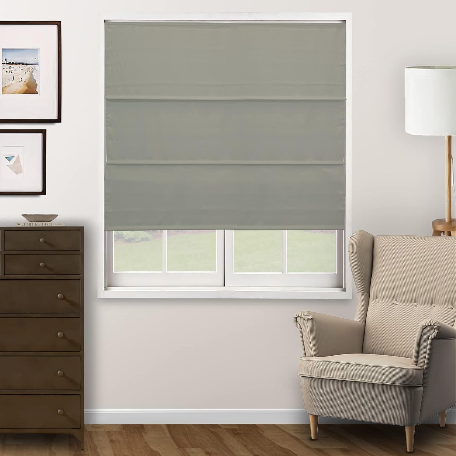 CHICOLOGY - RMBF3564 Cordless Roman Shades Cross-Hatched Modern Fabric Cascade Window Blind Treatment, 35"W X 64"H, Belgian Flax (Privacy & Light Filtering)