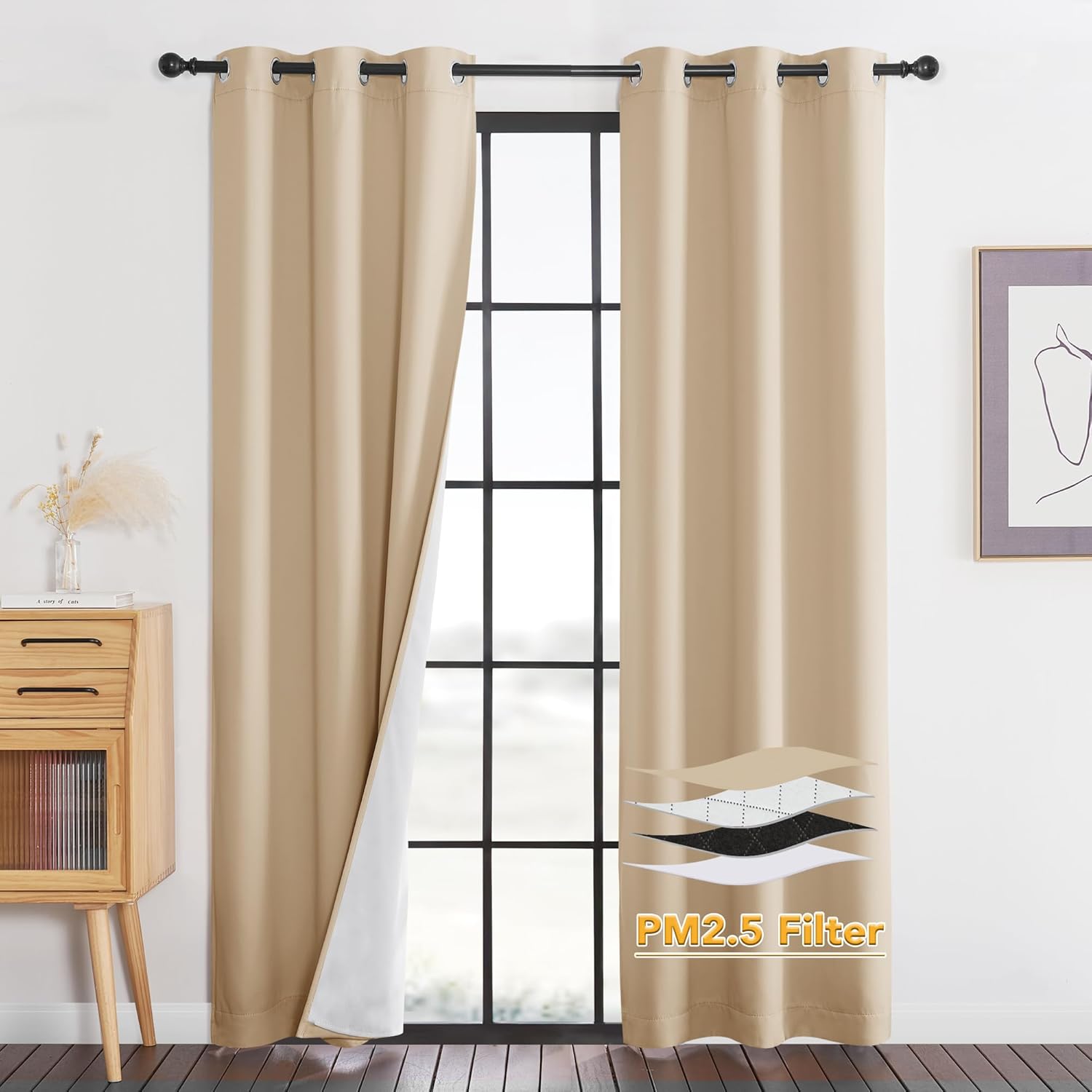RYB HOME PM 2.5 Filter Curtains for Living Room, Noise Reduction Room Darkening Window Coverings Melt Blown Fabric Liner for Dust Sandstorms Smog Pollen Odor Filtering, Black, W52 x L84 inch, 2 Panels