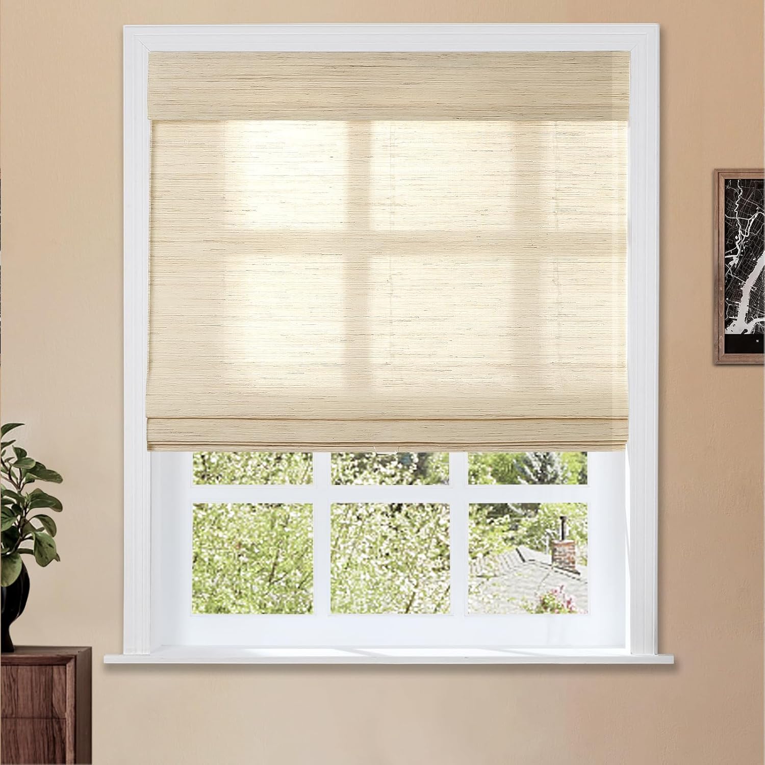 TWOPAGES Natural Cordless Ramie Roman Shade No Drill Customized Roman Blind Light Filtering Blackout Roman Window Shade for Windows, Beige, 1 Piece