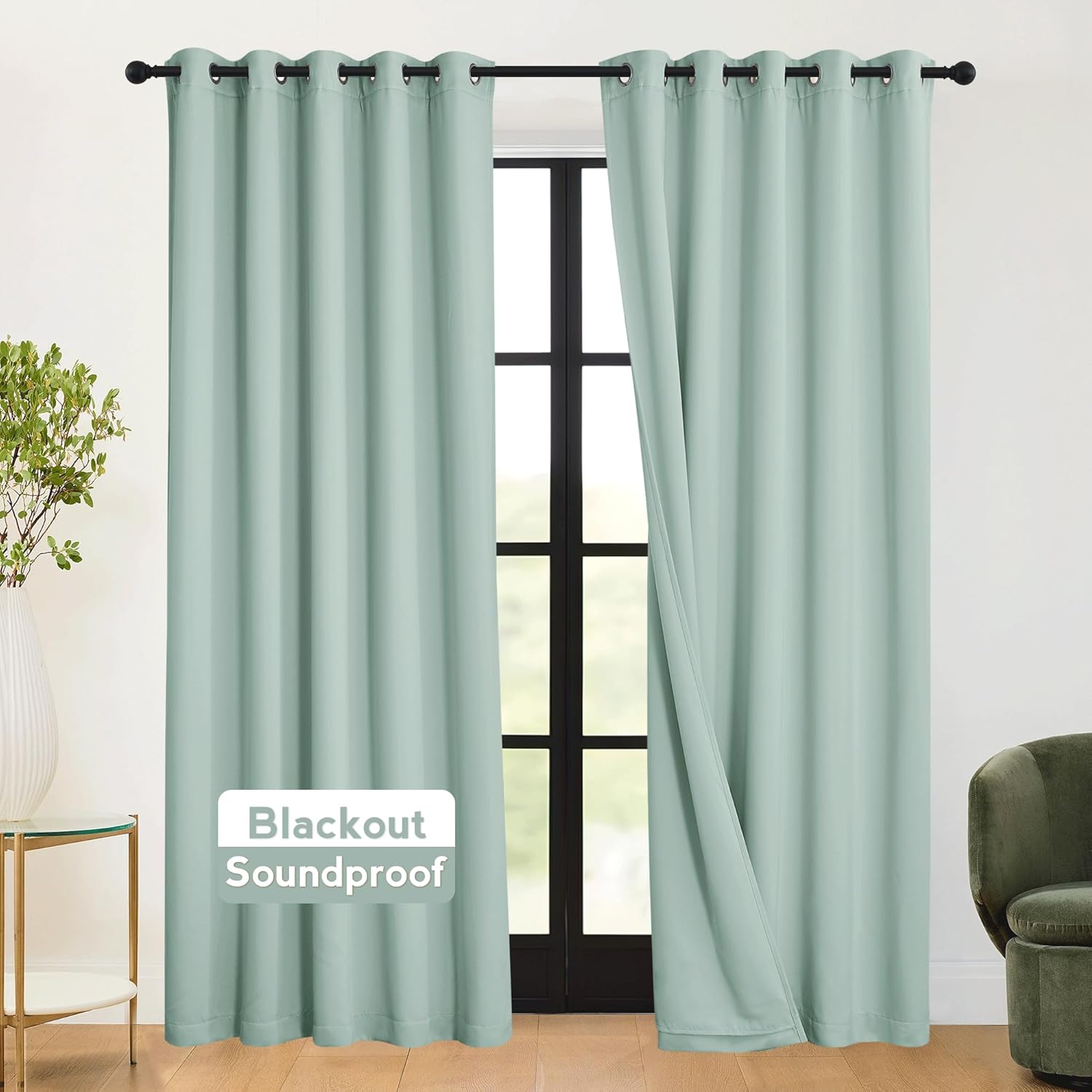 RYB HOME Soundproof Curtains Blackout - 3 Layers Light Block Noise Cancelling Thermal Insulated Curtains for Living Room Bedroom Room Divider, 52 inch Wide x 108 inch Long, Grey, 2 Panels