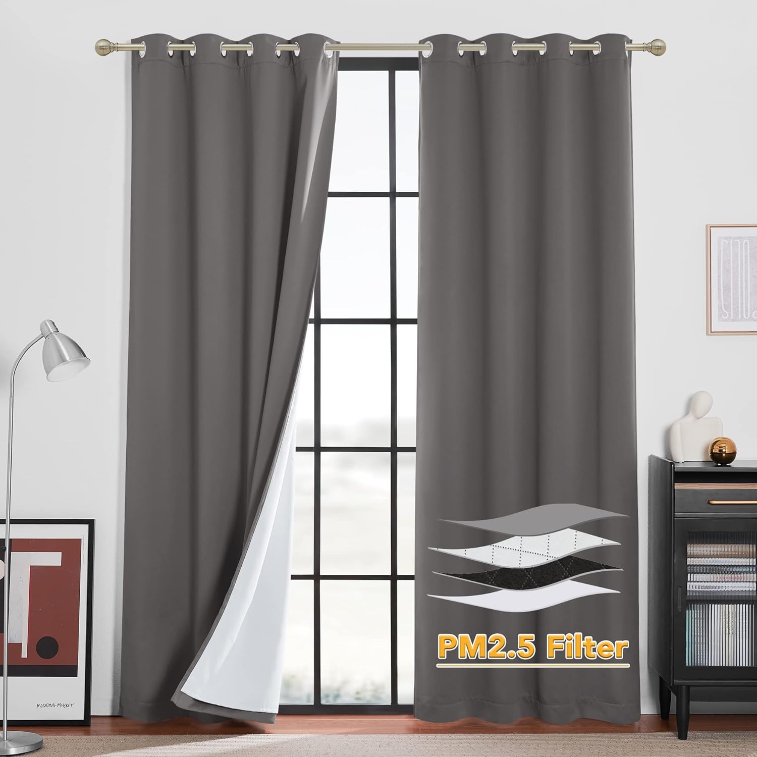 RYB HOME PM 2.5 Filter Curtains for Living Room, Noise Reduction Room Darkening Window Coverings Melt Blown Fabric Liner for Dust Sandstorms Smog Pollen Odor Filtering, Black, W52 x L84 inch, 2 Panels