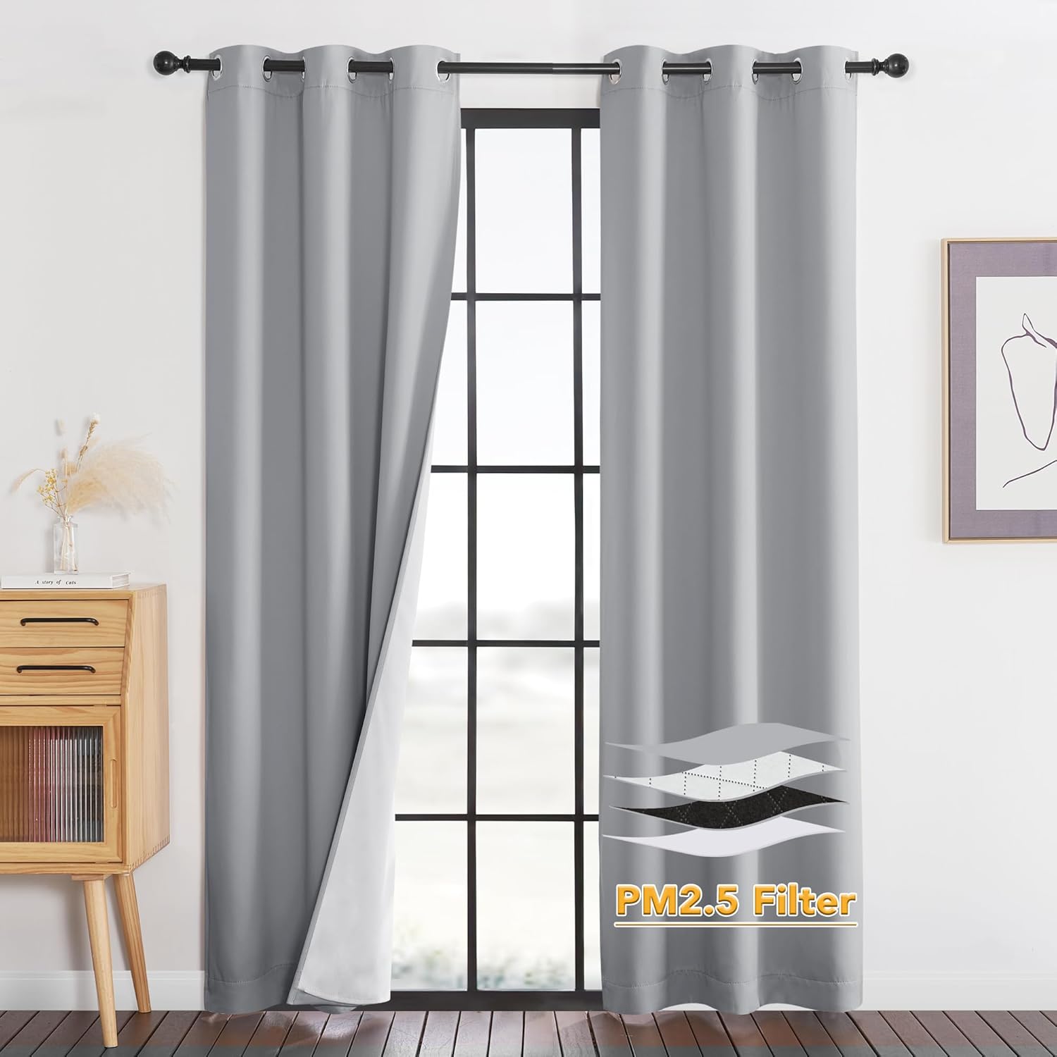 RYB HOME PM 2.5 Filter Curtains for Living Room, Noise Reduction Room Darkening Window Coverings Melt Blown Fabric Liner for Dust Sandstorms Smog Pollen Odor Filtering, Black, W52 x L84 inch, 2 Panels