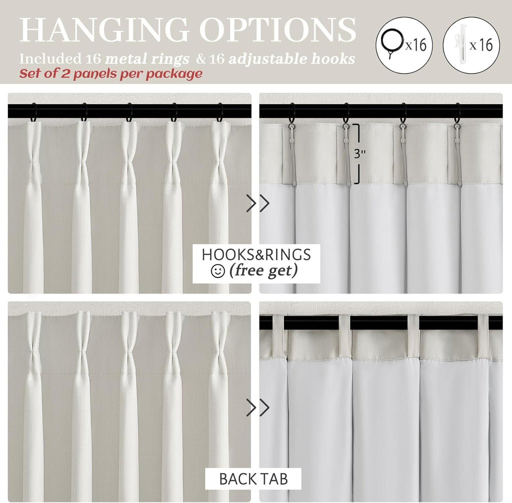 Beige White Blackout Floor to Ceiling Curtains 100 Inch Long for Sliding Door, Memory Trained Pinch Pleated Custom Double Layer Thick Linen Curtain Noise Reducing Light Blocking Bedroom Window Drapes